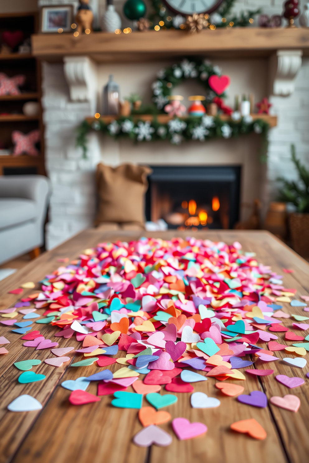 A vibrant display of colorful paper heart confetti scattered across a rustic wooden coffee table. The backdrop features a cozy fireplace adorned with seasonal decorations, creating a warm and inviting atmosphere for Valentine's Day celebrations.