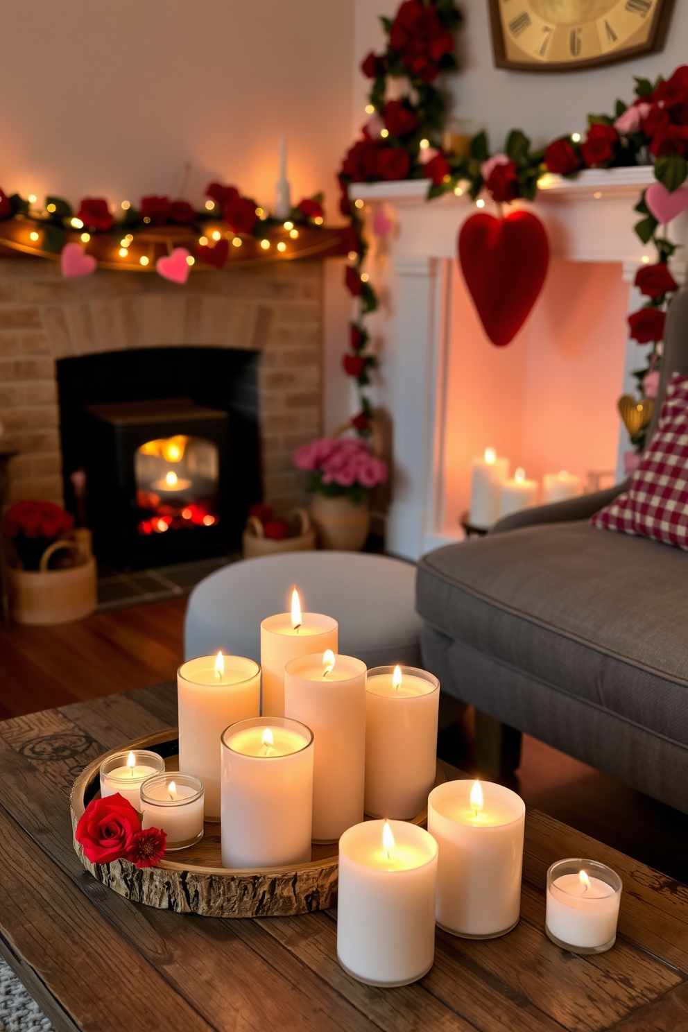 Create a cozy living room setting featuring seasonal scented candles arranged on a rustic wooden coffee table. Soft golden light flickers from the candles, enhancing the warm atmosphere of the space. In the corner, a charming fireplace is adorned with Valentine's Day decorations. Heart-shaped garlands and red roses create a romantic focal point, inviting warmth and love into the room.