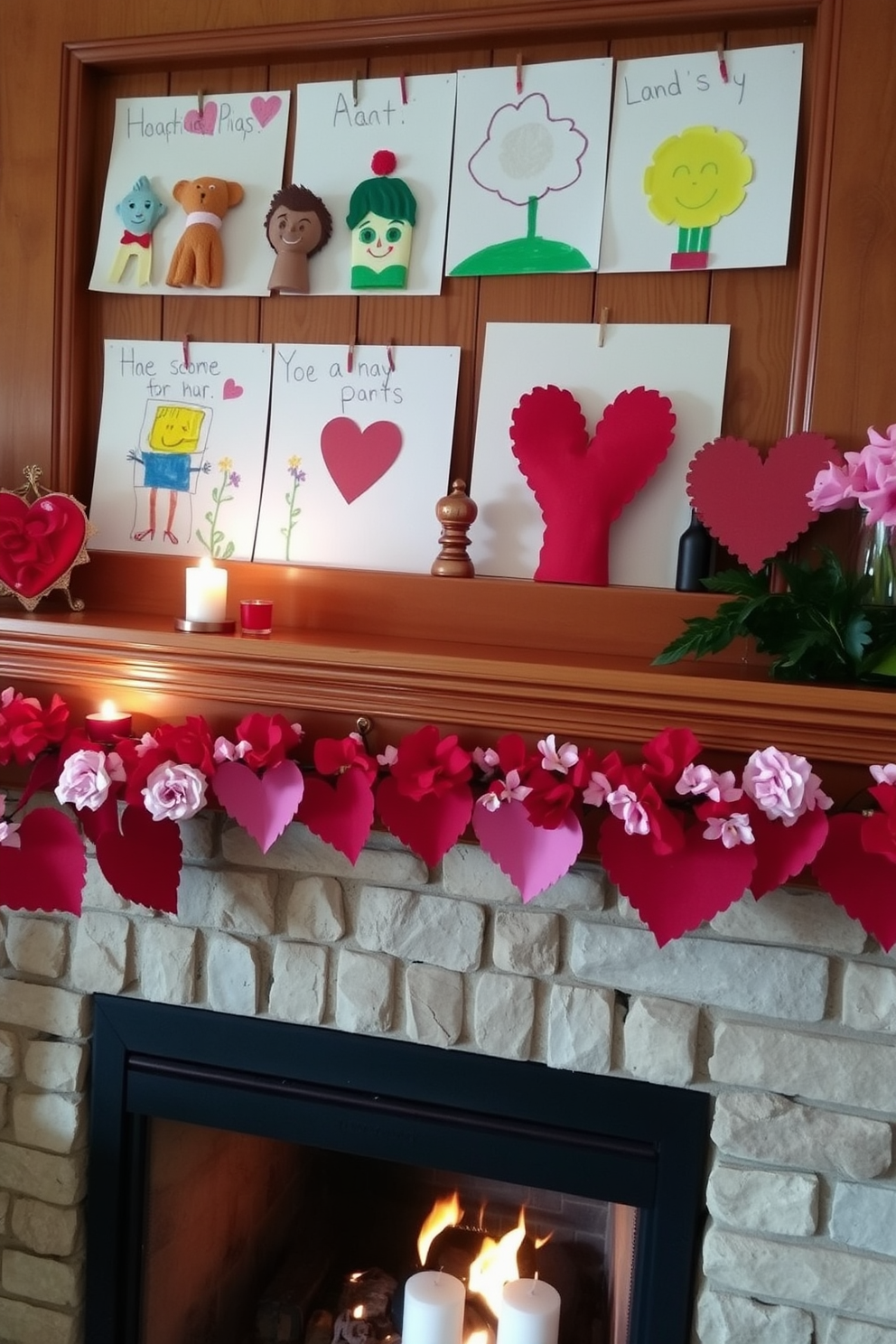 Handmade crafts from children displayed on a wooden shelf. The vibrant artwork includes colorful drawings and unique sculptures, creating a playful and inviting atmosphere. A cozy fireplace adorned with heart-shaped decorations for Valentine's Day. Soft candles flicker beside the mantle, and a garland of red and pink flowers adds a romantic touch to the warm setting.