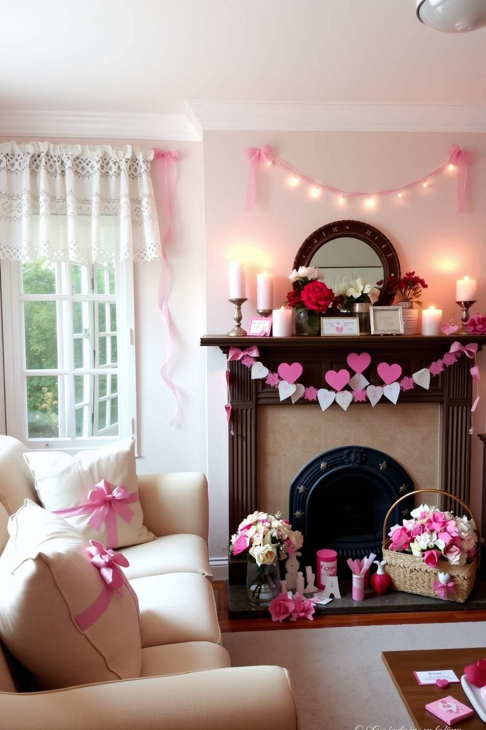 A cozy living room adorned with lace and ribbon accents that create a soft and romantic atmosphere. Delicate lace curtains frame the windows, while ribbon-wrapped pillows add a touch of elegance to the seating area. A charming fireplace serves as the focal point, decorated with heart-shaped garlands and flickering candles for a warm ambiance. On the mantel, a collection of Valentine's Day themed decorations, including floral arrangements and love notes, enhances the festive spirit.