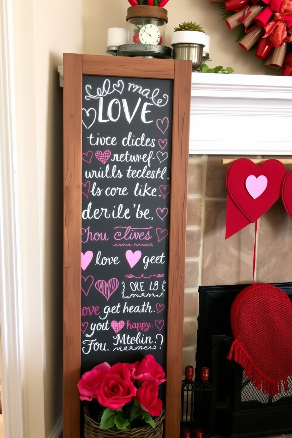 A charming chalkboard sign adorned with heartfelt love messages. The sign is framed in rustic wood and placed next to a cozy fireplace decorated with red and pink accents for Valentine's Day.