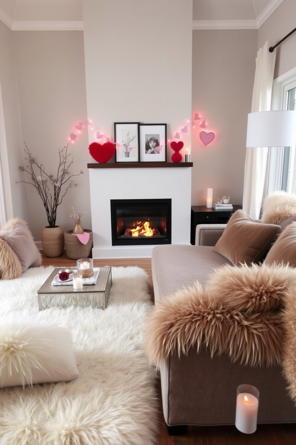 A cozy living room adorned with faux fur accents that invite warmth and comfort. Plush faux fur throw pillows and a soft faux fur rug create an inviting atmosphere around a stylish seating area. A modern fireplace serves as the focal point, elegantly framed by minimalist decor. For Valentine's Day, delicate heart-themed decorations and soft candlelight enhance the romantic ambiance of the space.