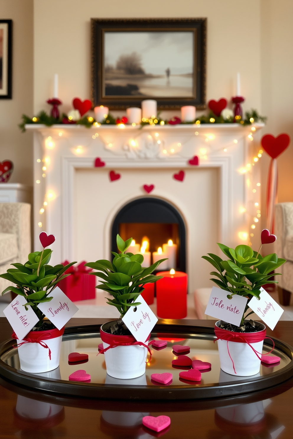 A cozy living room setting adorned with miniature potted plants that each have handwritten love notes attached. The fireplace is elegantly decorated for Valentine's Day, featuring soft red and pink accents, surrounded by heart-shaped candles and twinkling fairy lights.