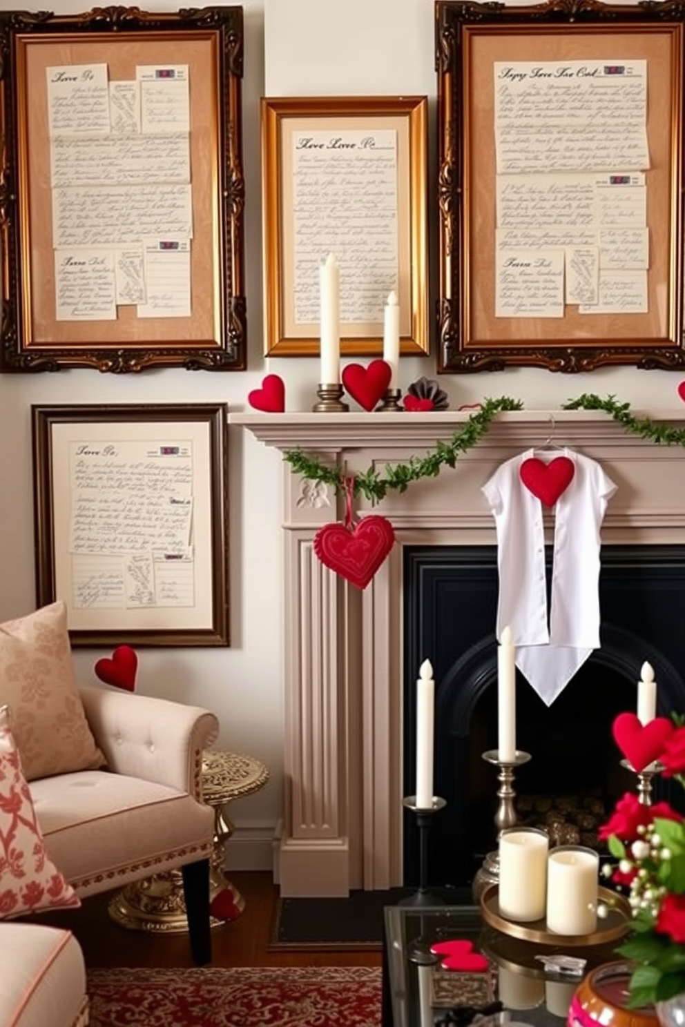 A cozy living room setting featuring vintage love letters elegantly displayed in ornate frames on the walls. A classic fireplace is adorned with romantic decorations for Valentine's Day, including candles and heart-shaped accents.