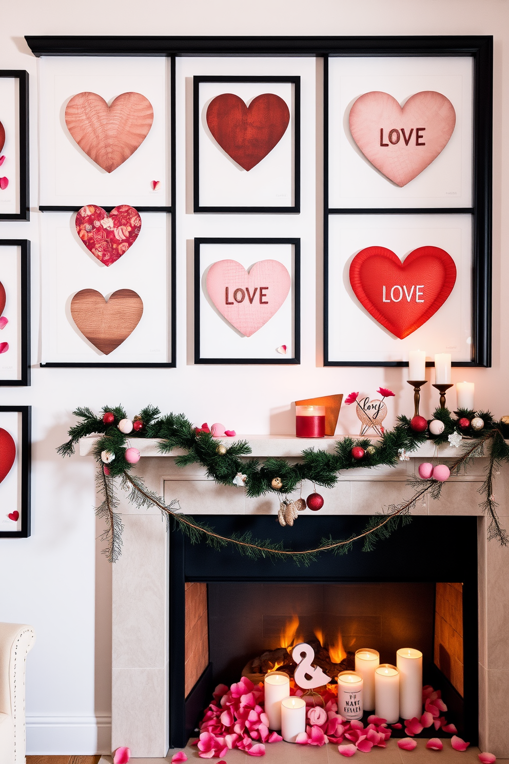 Artistic heart-shaped wall art pieces are arranged in a gallery style, showcasing various textures and colors that evoke warmth and love. The pieces are framed in sleek black frames, creating a modern contrast against a soft white wall. A cozy fireplace is the focal point of the room, adorned with romantic accents such as candles and rose petals. The mantel is decorated with elegant garlands and seasonal ornaments, enhancing the Valentine's Day theme.