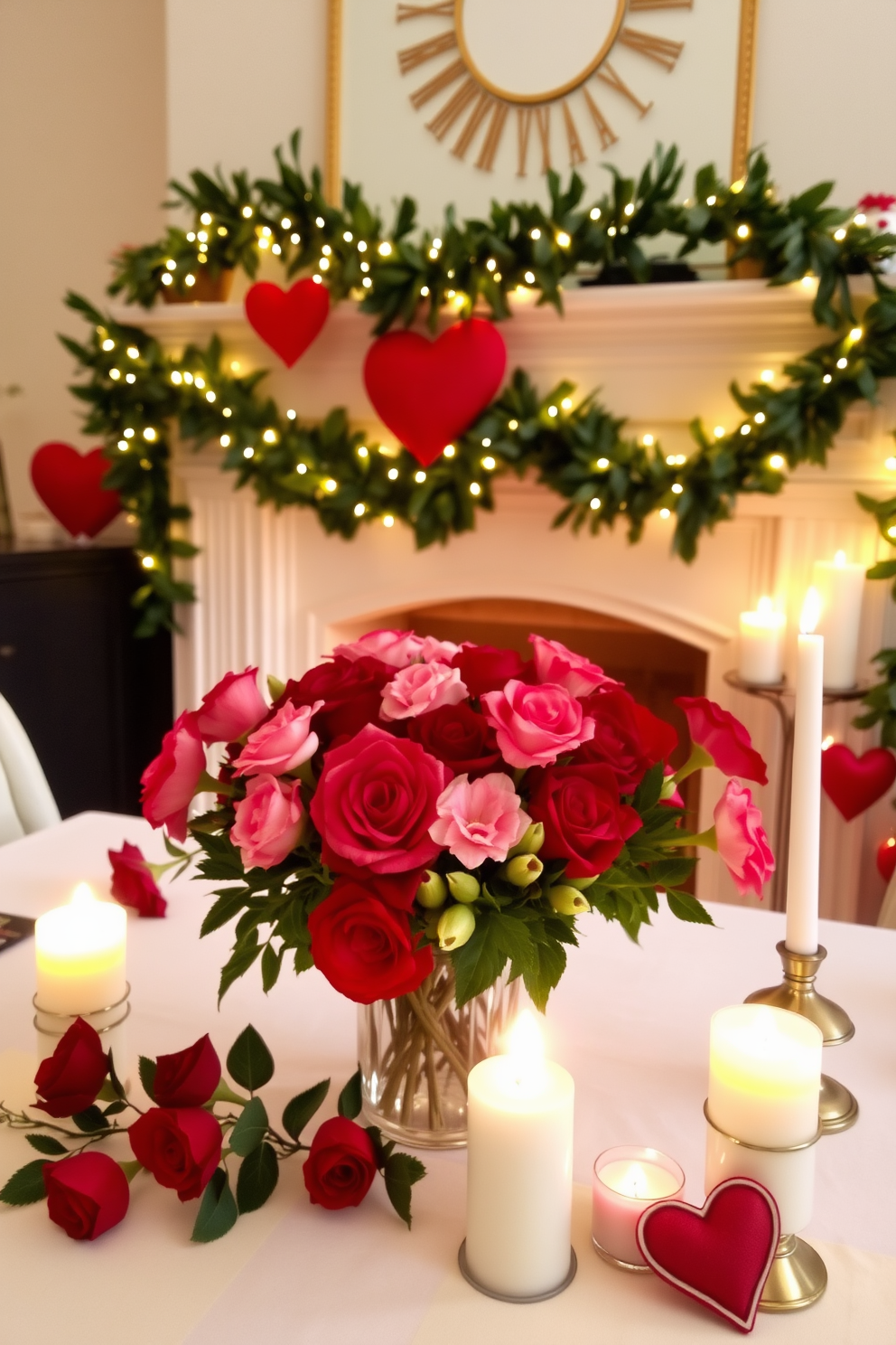 A vibrant floral arrangement featuring red and pink blooms serves as the centerpiece, bringing a romantic touch to the table. Surrounding the arrangement, soft candlelight creates an inviting atmosphere perfect for a cozy Valentine's Day gathering. A stylish fireplace is adorned with garlands of greenery and delicate fairy lights, enhancing the warmth of the space. Heart-shaped decorations and elegant candles are strategically placed to celebrate the spirit of love and togetherness.