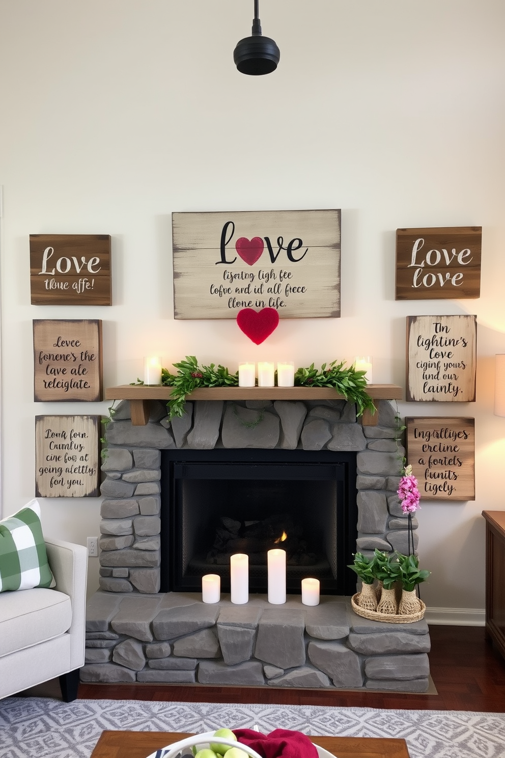 A cozy living room adorned with rustic wooden signs featuring heartfelt love quotes. The centerpiece is a charming stone fireplace, decorated with candles and seasonal greenery for a warm Valentine's Day ambiance.