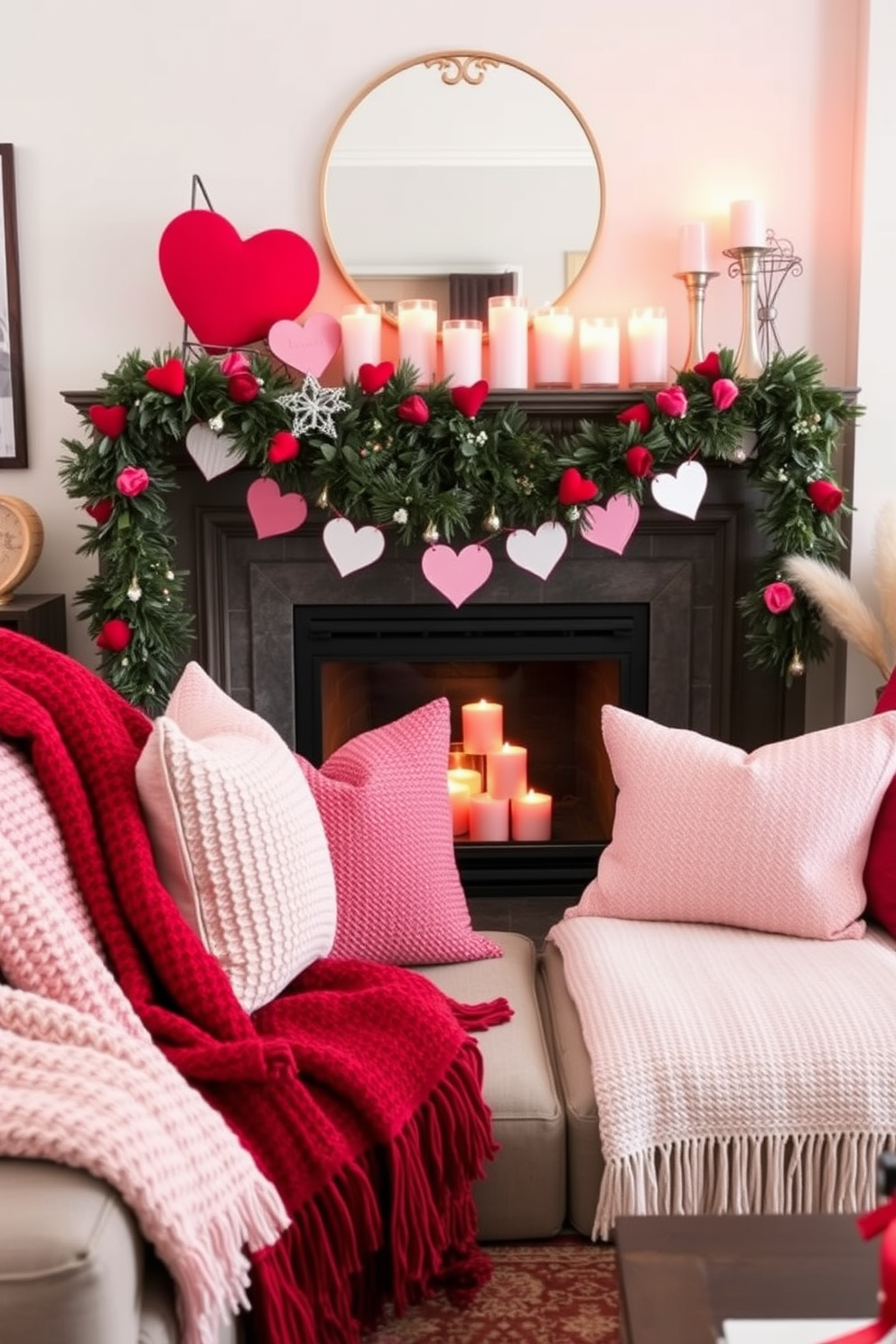 A cozy living room setting adorned with layered textured throws and pillows in shades of red and pink. The fireplace is elegantly decorated with heart-shaped garlands and candles, creating a warm and inviting atmosphere for Valentine's Day.