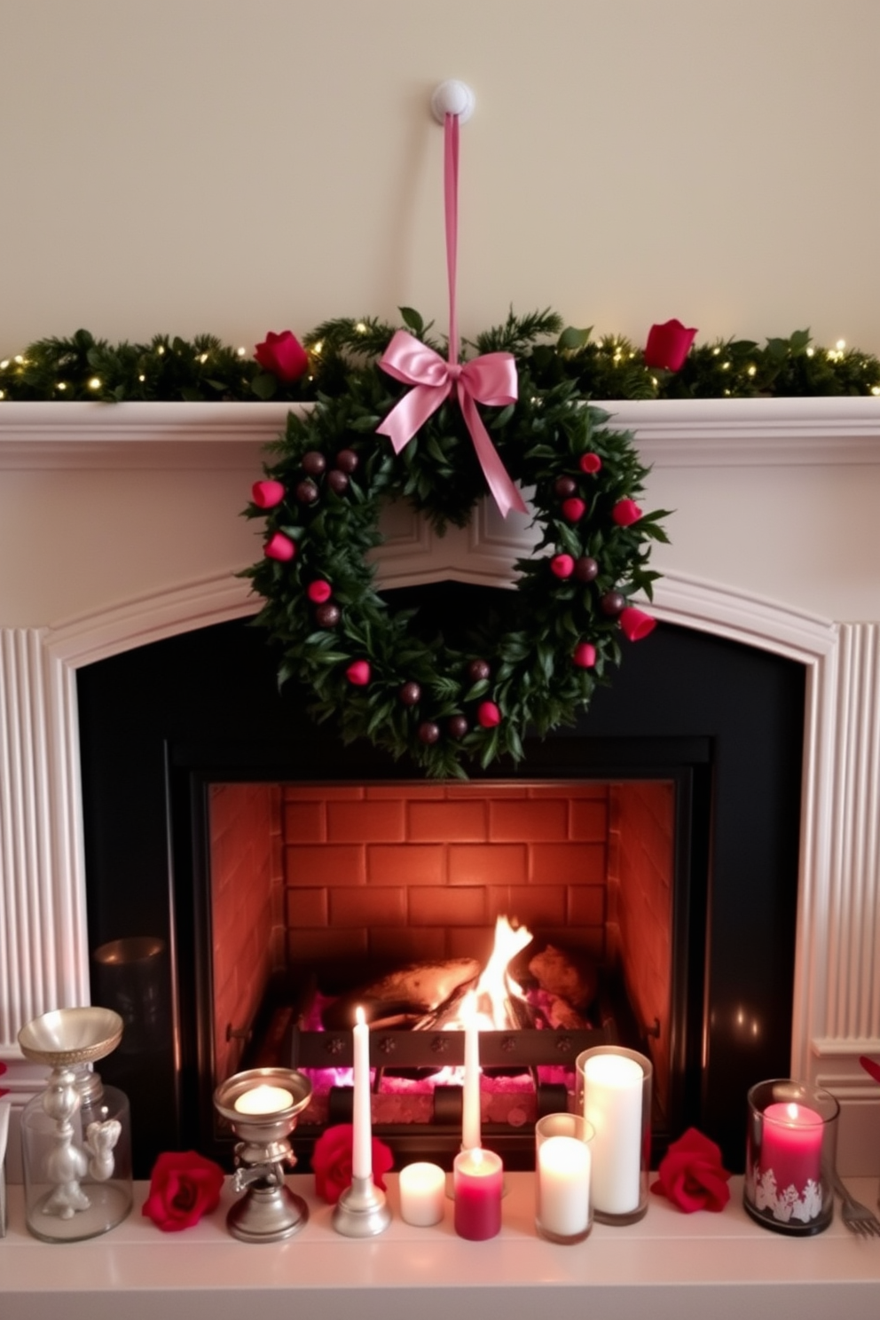 A charming fireplace adorned with a hanging heart-shaped wreath that adds a romantic touch to the setting. The fireplace is surrounded by soft, warm lighting and decorative candles, creating an inviting atmosphere for Valentine's Day.