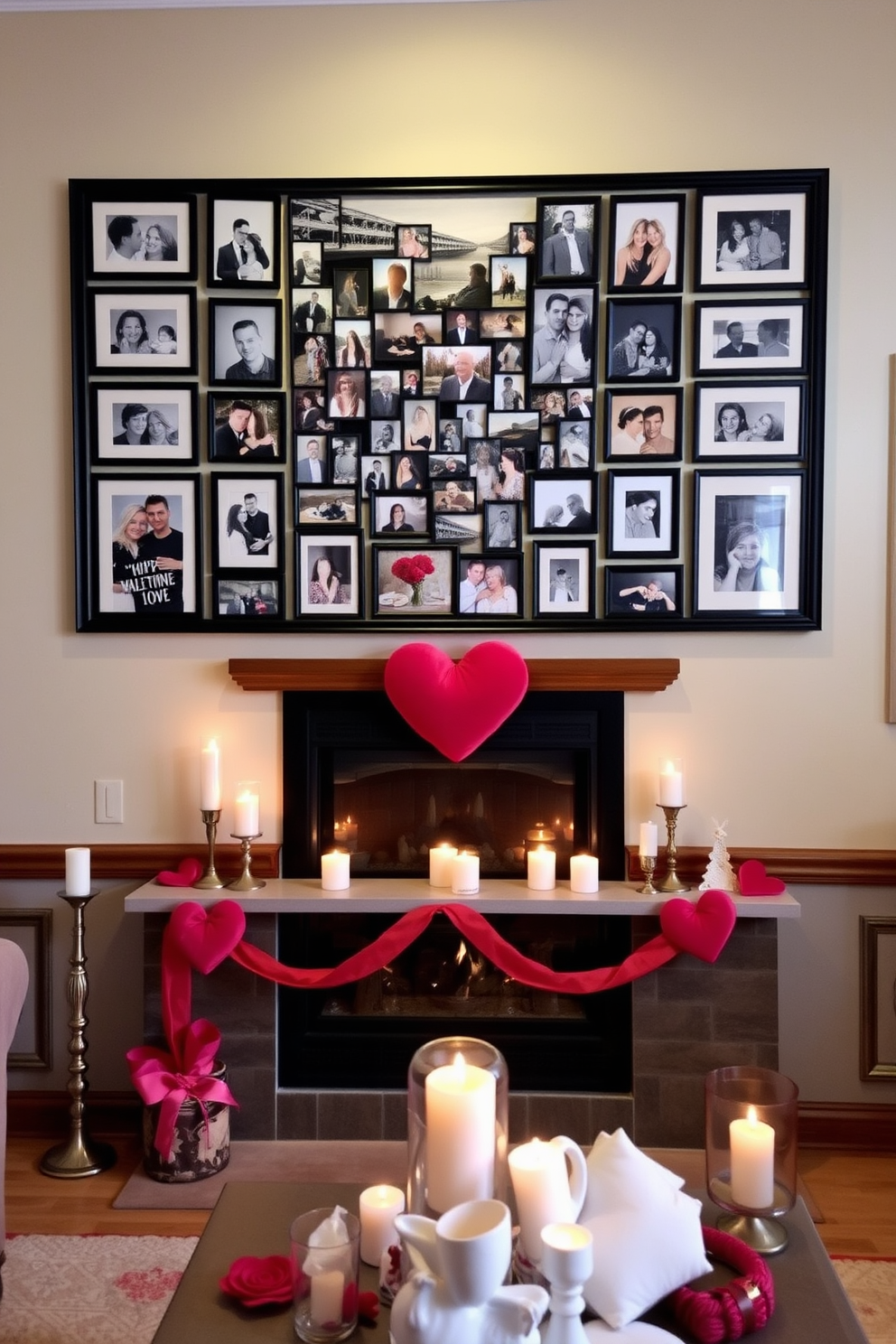 A personalized photo collage filled with cherished memories hangs on the wall, showcasing a variety of framed pictures in different sizes. The collage is arranged in a heart shape to celebrate love and connection, creating a warm and inviting atmosphere. A cozy fireplace serves as the focal point of the room, adorned with elegant decorations for Valentine's Day. Soft candles and romantic accents surround the fireplace, enhancing the ambiance of love and warmth throughout the space.