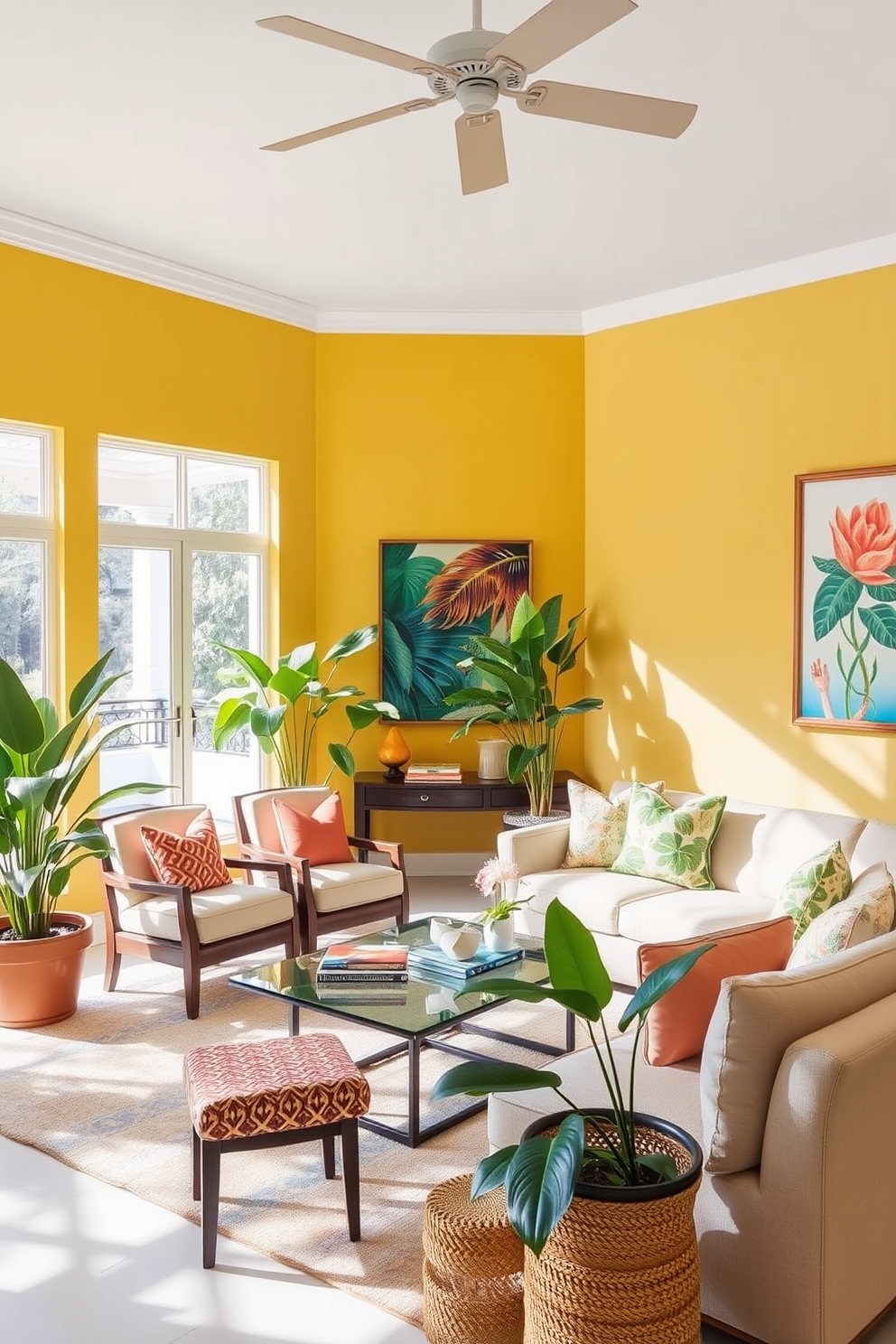 Bright tropical color palette for walls in a Florida living room. The space features large windows allowing natural light to flood in, complemented by vibrant artwork and lush indoor plants.