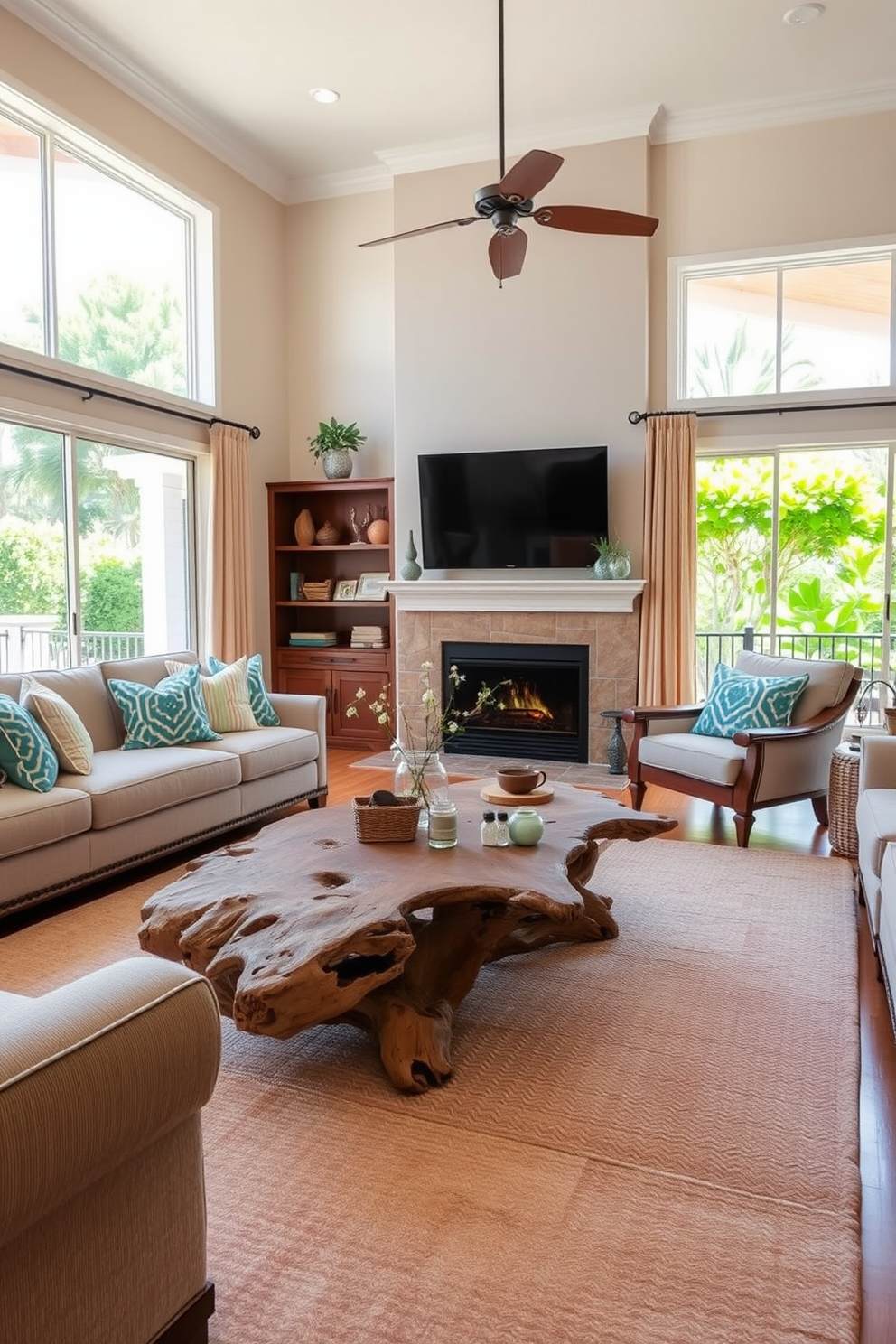 A cozy Florida living room featuring a driftwood coffee table that adds rustic charm. The room is bathed in natural light, with large windows offering views of lush greenery outside. Comfortable seating arrangements include a mix of soft, neutral-toned sofas and vibrant throw pillows. A textured area rug anchors the space, complementing the driftwood table and enhancing the warm atmosphere.