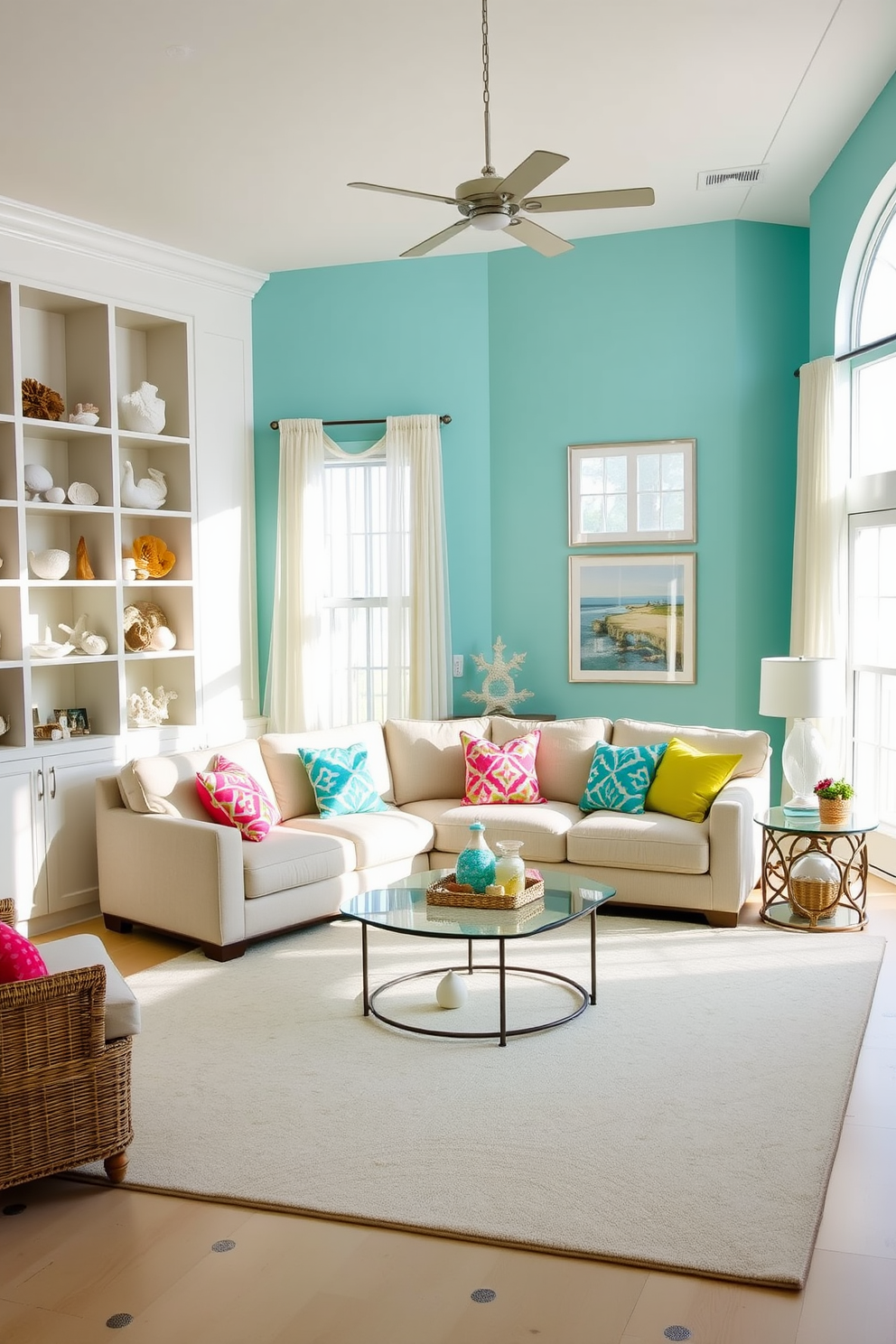 A bright and airy Florida living room features open shelving that showcases an array of beach souvenirs, including seashells, driftwood, and colorful coral. The walls are painted in a soft turquoise hue, while natural light floods the space through large windows adorned with sheer white curtains. A comfortable sectional sofa in a light beige fabric is positioned in the center, accented with vibrant throw pillows in ocean-inspired colors. A large area rug with a subtle wave pattern anchors the seating area, creating a cozy atmosphere perfect for relaxation.