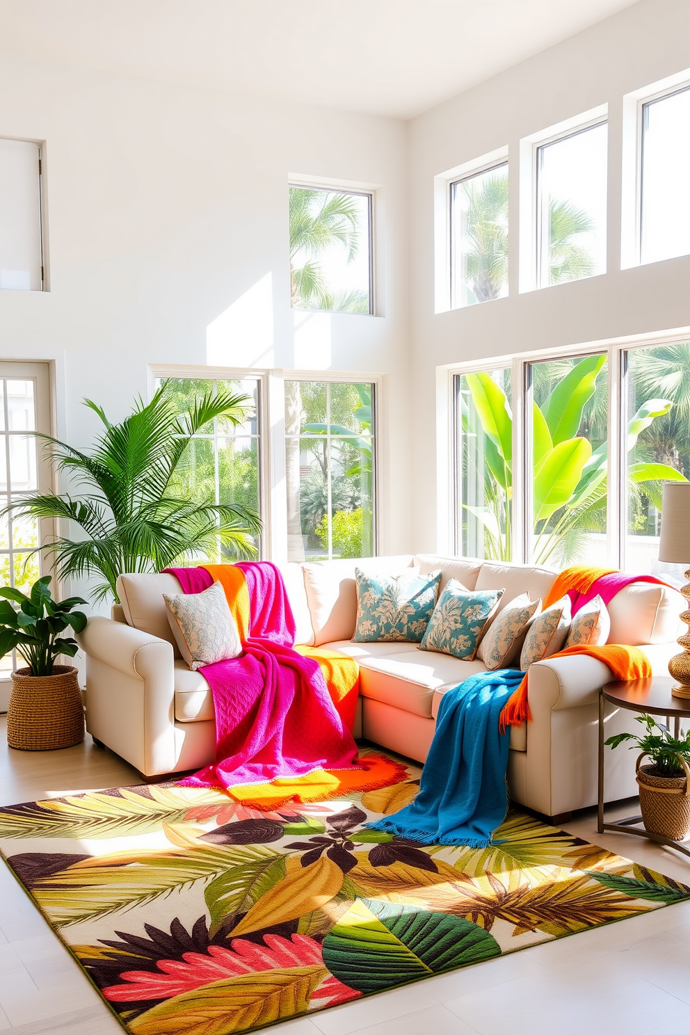 Brightly colored throw blankets are draped over a plush sectional sofa in a sunlit Florida living room. The walls are painted a soft white, and large windows allow natural light to flood the space, enhancing the vibrant hues of the blankets. A tropical-themed area rug anchors the seating area, while potted plants add a touch of greenery. Decorative pillows in coordinating colors provide additional comfort and style, creating a warm and inviting atmosphere.