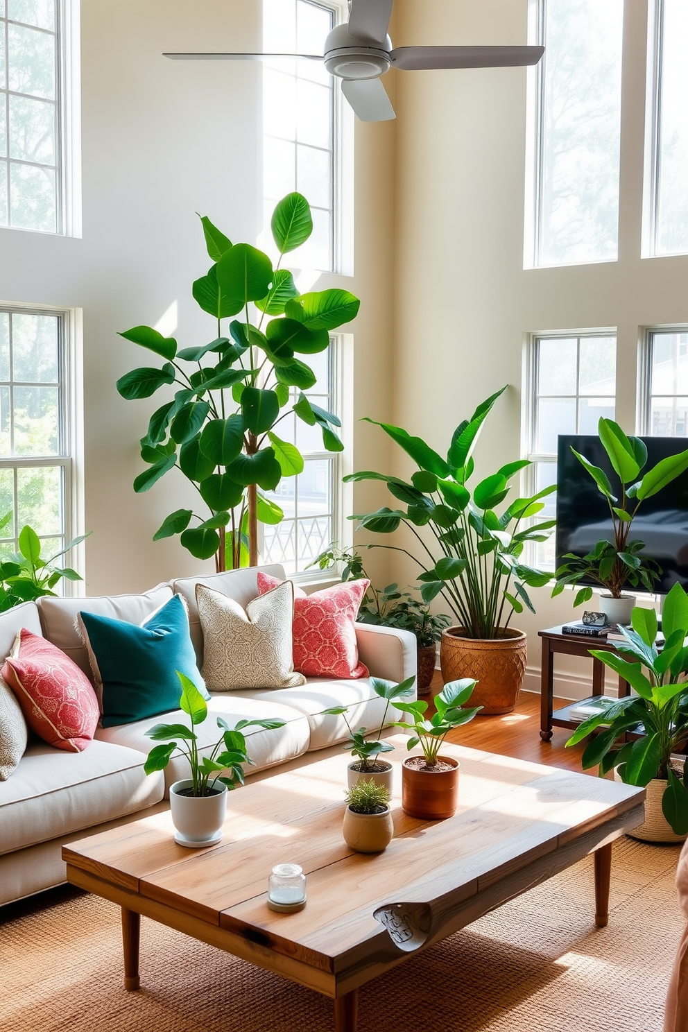 A bright and airy Florida living room filled with lush indoor plants. Large windows allow natural light to flood the space, highlighting a comfortable sectional sofa adorned with colorful throw pillows. In one corner, a tall fiddle leaf fig tree adds height and greenery, while smaller potted plants sit on a coffee table made of reclaimed wood. The walls are painted in a soft beige tone, and a jute rug anchors the seating area, creating a cozy and inviting atmosphere.