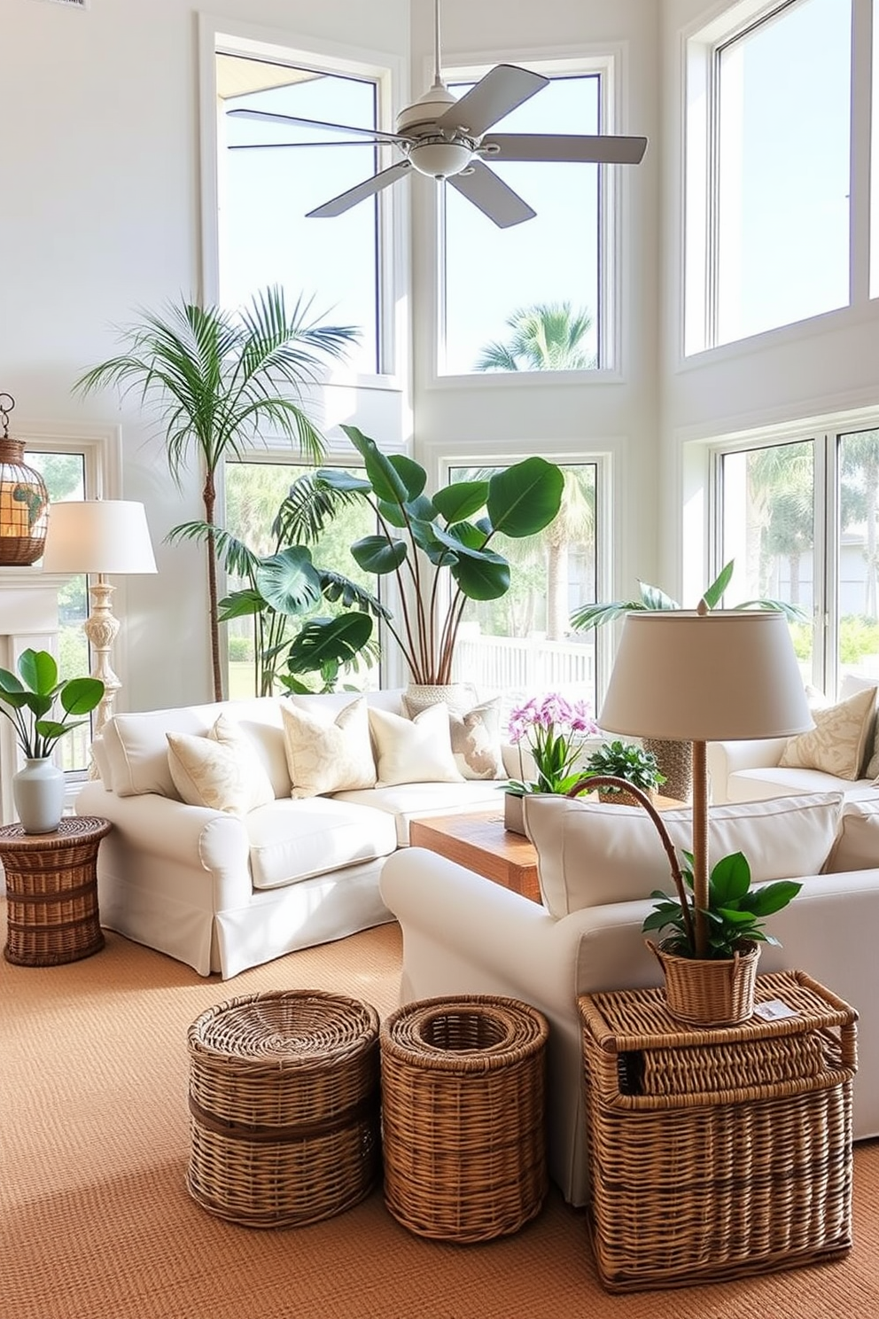 A cozy Florida living room featuring woven baskets as stylish storage solutions. The room is bright and airy with large windows allowing natural light to flood in, complemented by light-colored furniture and tropical decor.