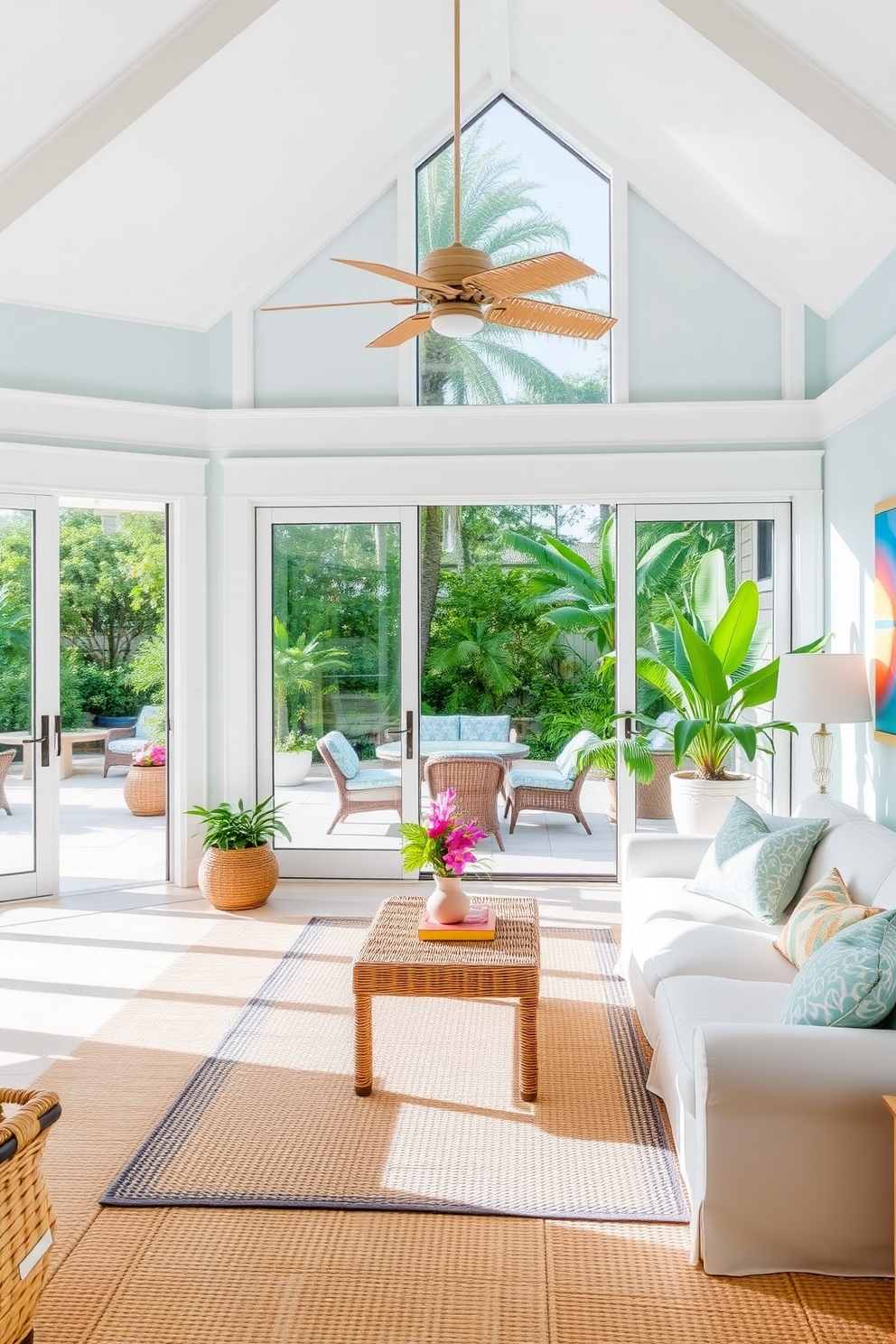 A bright and airy Florida living room features expansive glass sliding doors that open directly to a lush outdoor patio. The room is adorned with light, coastal-inspired furnishings, including a soft sectional sofa and a woven coffee table, creating a welcoming atmosphere. Natural light floods the space, highlighting the pale blue walls and white trim that evoke a serene beach vibe. Tropical plants in decorative pots add a touch of greenery, while vibrant artwork captures the essence of Florida's vibrant landscape.