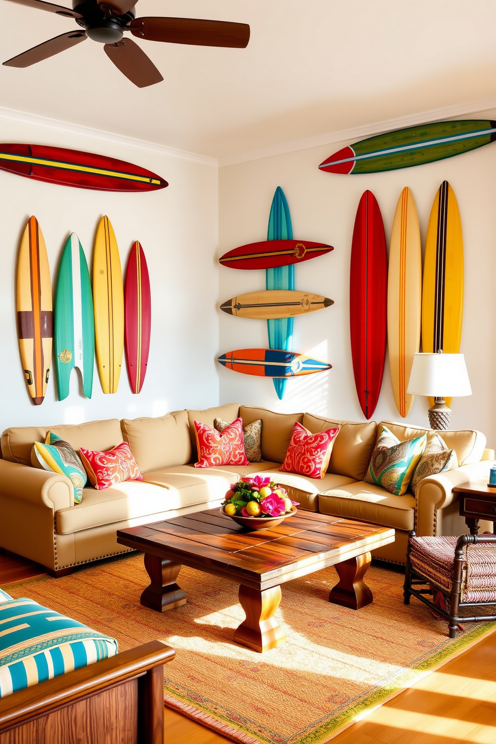 A vibrant Florida living room featuring vintage surfboards artfully displayed on the walls. The room is filled with natural light, highlighting a cozy sectional sofa adorned with colorful throw pillows and a rustic wooden coffee table at the center.