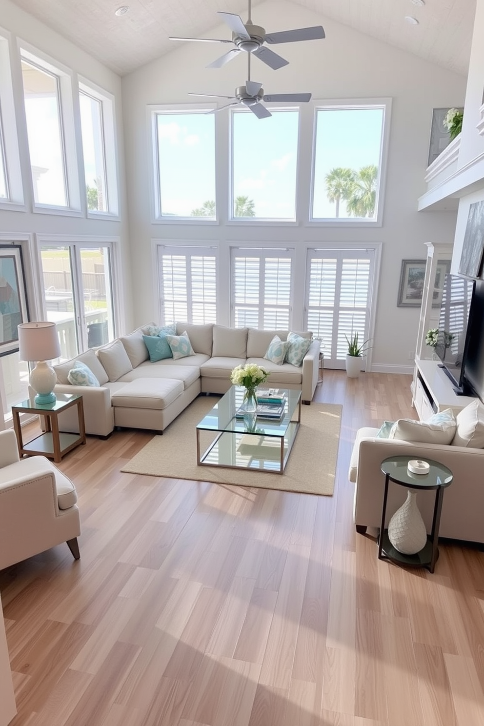 Light wood flooring creates a fresh and inviting atmosphere in a Florida living room. The space features large windows that allow natural light to flood in, highlighting the airy feel of the room. Coastal-inspired decor complements the light wood, with soft blue and white accents throughout. A plush sectional sofa is arranged around a sleek coffee table, creating an ideal spot for relaxation and socializing.