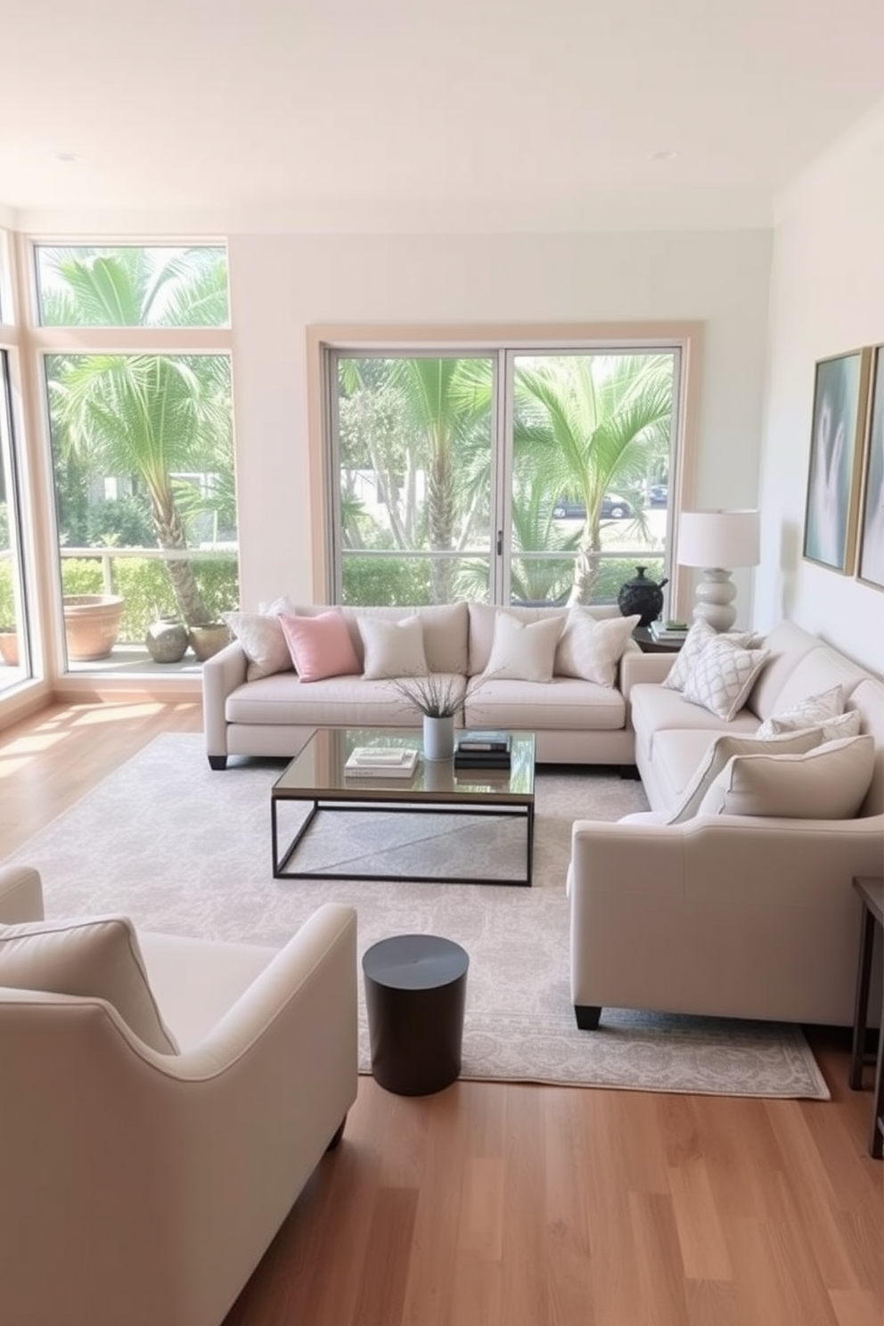 A serene Florida living room featuring muted pastel colors that create a calming atmosphere. The space includes a comfortable sectional sofa adorned with soft throw pillows in light pink and soft blue hues. A large area rug with subtle patterns anchors the seating area, while light wood accents add warmth to the room. Floor-to-ceiling windows allow natural light to flood in, showcasing lush greenery outside. A stylish coffee table sits in the center, complemented by a few decorative books and a small potted plant. Artwork with gentle color palettes hangs on the walls, enhancing the tranquil feel of the space.