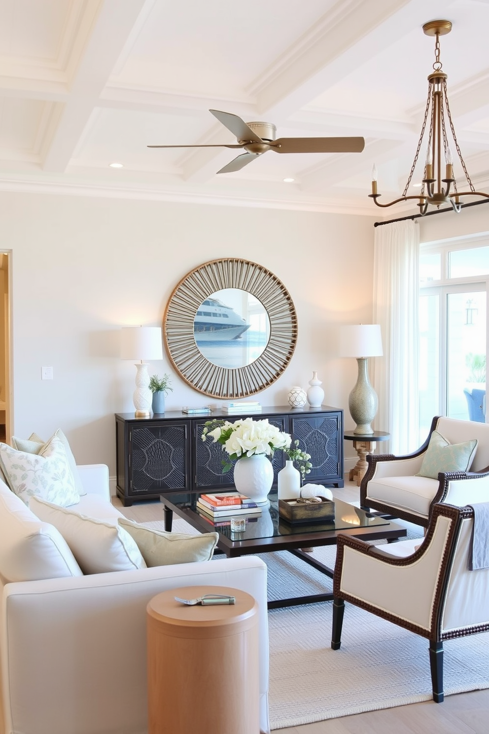 A bright Florida living room features statement lighting fixtures that evoke a coastal vibe. The space is adorned with soft, airy colors and natural textures, creating a relaxed yet elegant atmosphere.