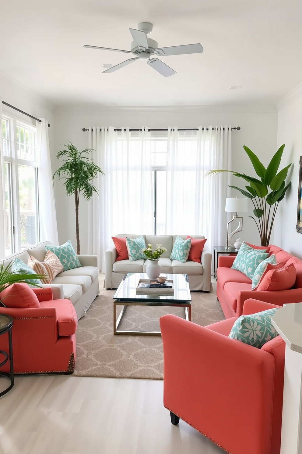 A bright and airy Florida living room with coral and aqua color accents. The walls are painted in a soft white, and the furniture features a mix of comfortable seating in coral and aqua hues. Large windows allow natural light to flood the space, adorned with sheer white curtains that flutter gently. A stylish area rug with a geometric pattern ties the room together, while tropical plants add a touch of greenery.