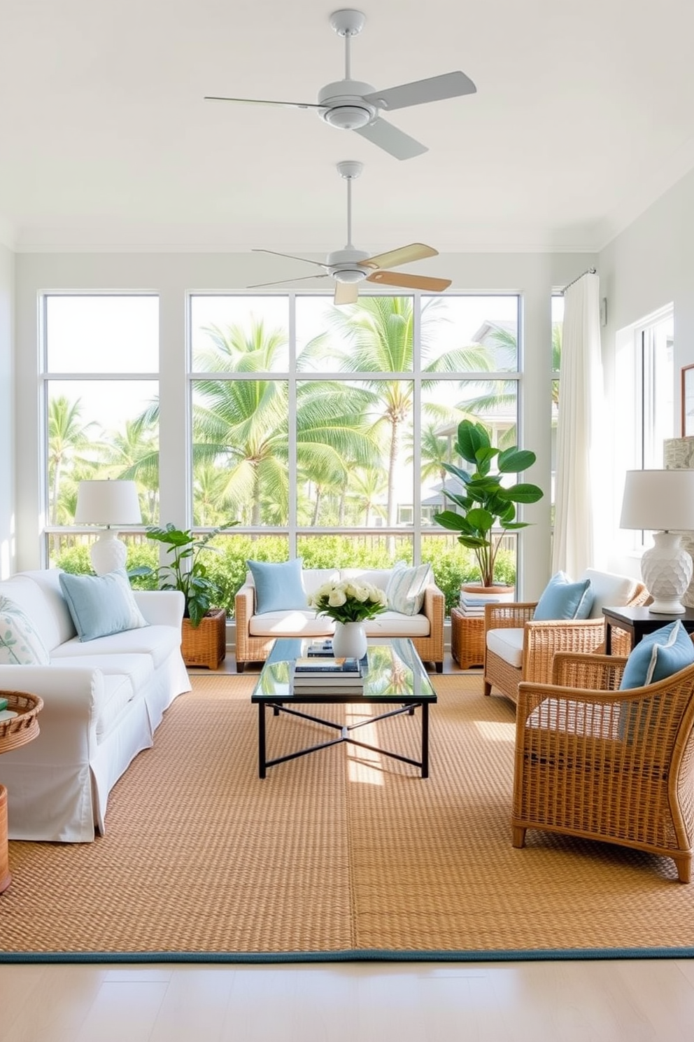 A bright and airy Florida living room features seagrass rugs that add a natural, beachy feel to the space. The room is filled with light from large windows, showcasing a stunning view of palm trees swaying outside. Coastal-inspired furniture, including a white slipcovered sofa and woven armchairs, complements the seagrass rugs perfectly. Soft blue and sandy beige accents throughout the room enhance the relaxed, seaside atmosphere.