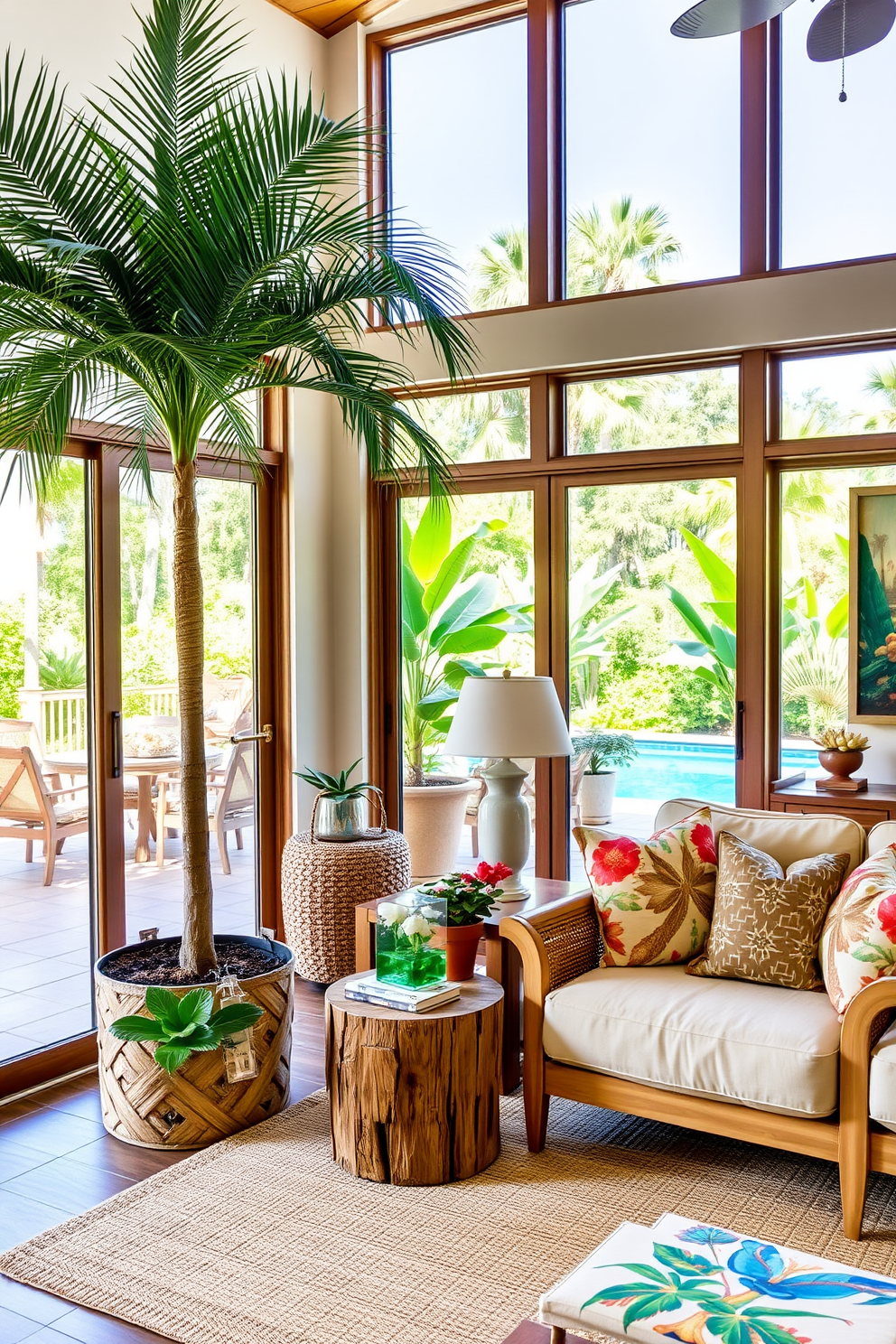 A bright and airy Florida living room features large sliding glass doors that open to a lush outdoor patio. The space is adorned with natural wood furniture, soft beige upholstery, and vibrant tropical accents like throw pillows and artwork. In one corner, a stylish rattan chair is paired with a small side table made from reclaimed wood. Potted plants and a large palm tree bring the outdoors in, creating a refreshing and inviting atmosphere.