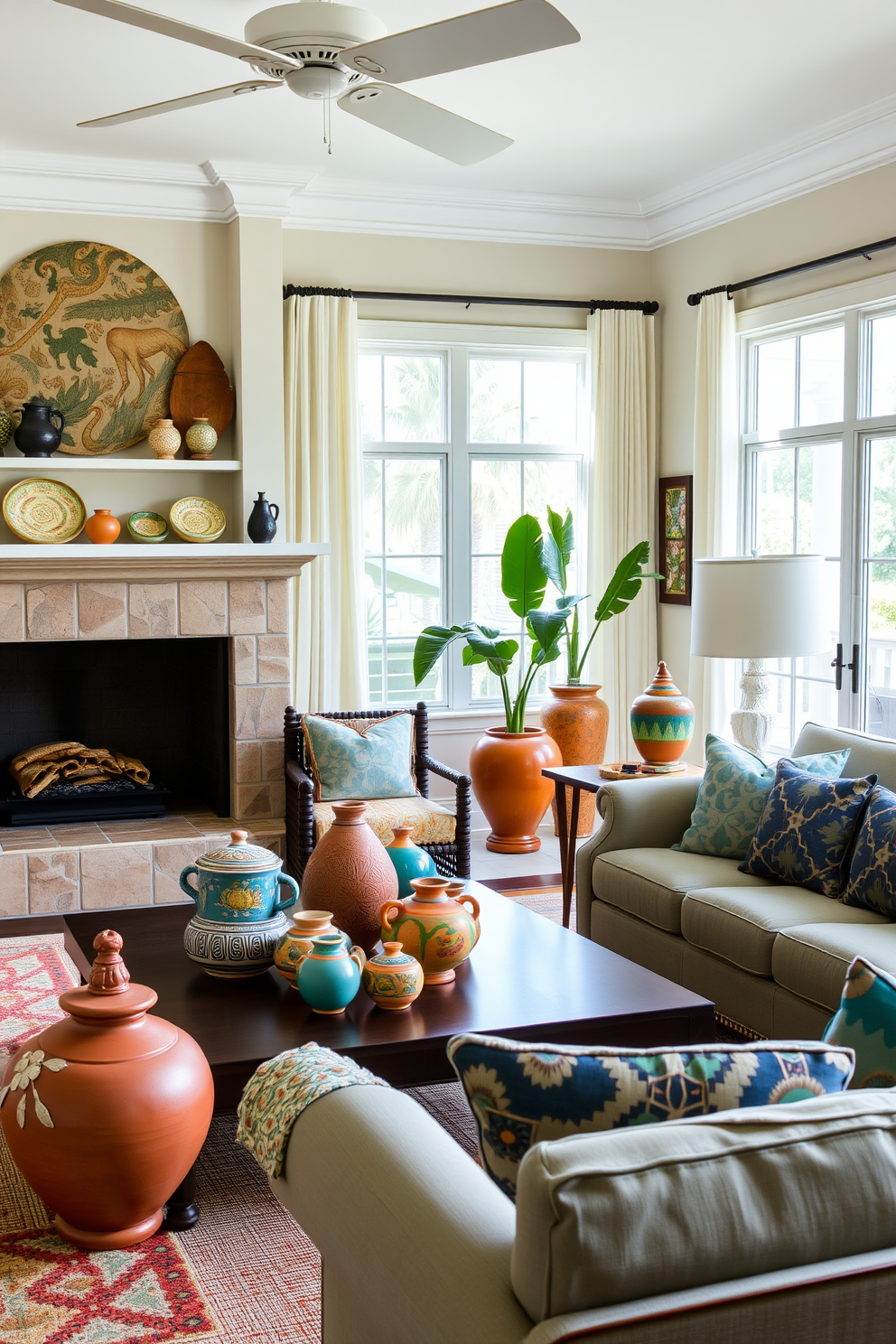 A Florida living room featuring artisan pottery as unique decorative touches. The space is filled with natural light, showcasing a blend of vibrant colors and textures that reflect the coastal lifestyle.