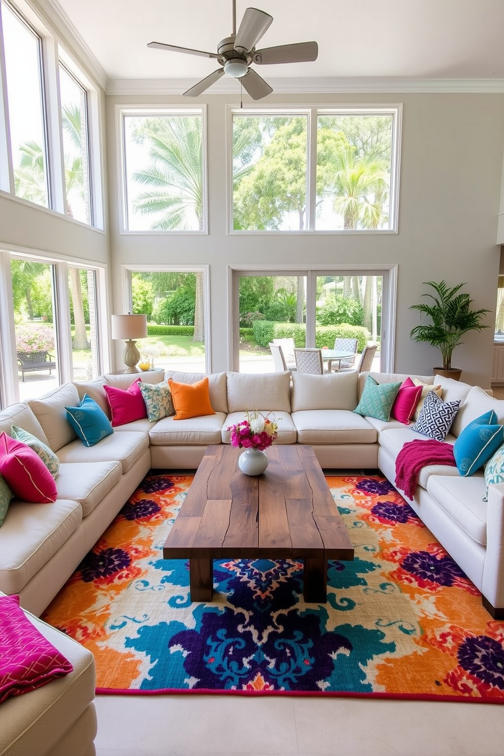 A large sectional sofa in a bright and airy Florida living room creates a welcoming atmosphere for family gatherings. The sofa is upholstered in a light fabric, complemented by colorful throw pillows that add a pop of color to the space. Floor-to-ceiling windows allow natural light to flood the room, showcasing views of the lush outdoor landscape. A coffee table made of reclaimed wood sits in the center, surrounded by a vibrant area rug that ties the room together.