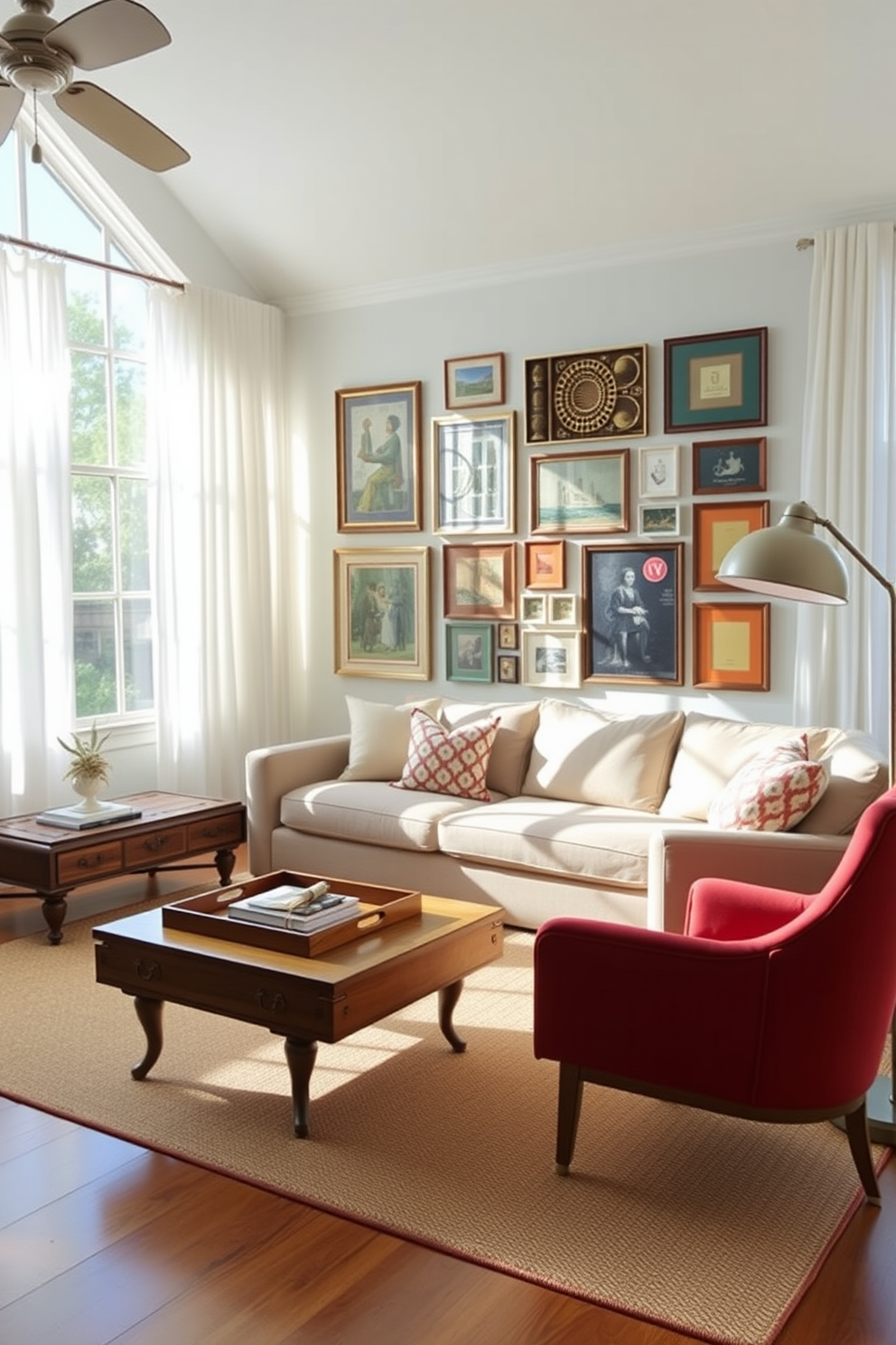 A bright and airy Florida living room that blends modern and vintage elements. The space features a large sectional sofa in a neutral fabric paired with a vintage wooden coffee table adorned with a decorative tray and books. Sunlight streams through large windows dressed with sheer white curtains, illuminating a gallery wall of eclectic art. A vintage armchair in a bold color sits next to a sleek modern floor lamp, creating a cozy reading nook.