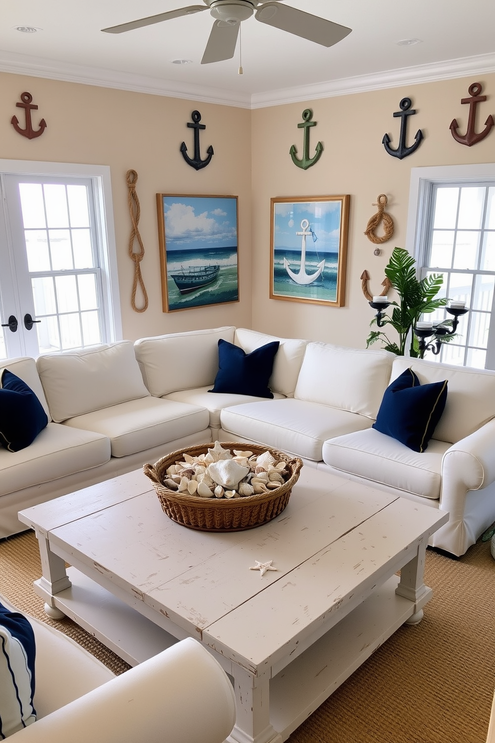 A bright and airy Florida living room features nautical decor accents with ropes and anchors artfully displayed on the walls. The space is filled with light from large windows, and the furniture includes a comfortable white sectional sofa paired with navy blue throw pillows. A rustic wooden coffee table sits in the center, adorned with a collection of seashells and a woven basket. The walls are painted in a soft beige, complementing the ocean-inspired artwork that captures the essence of coastal living.