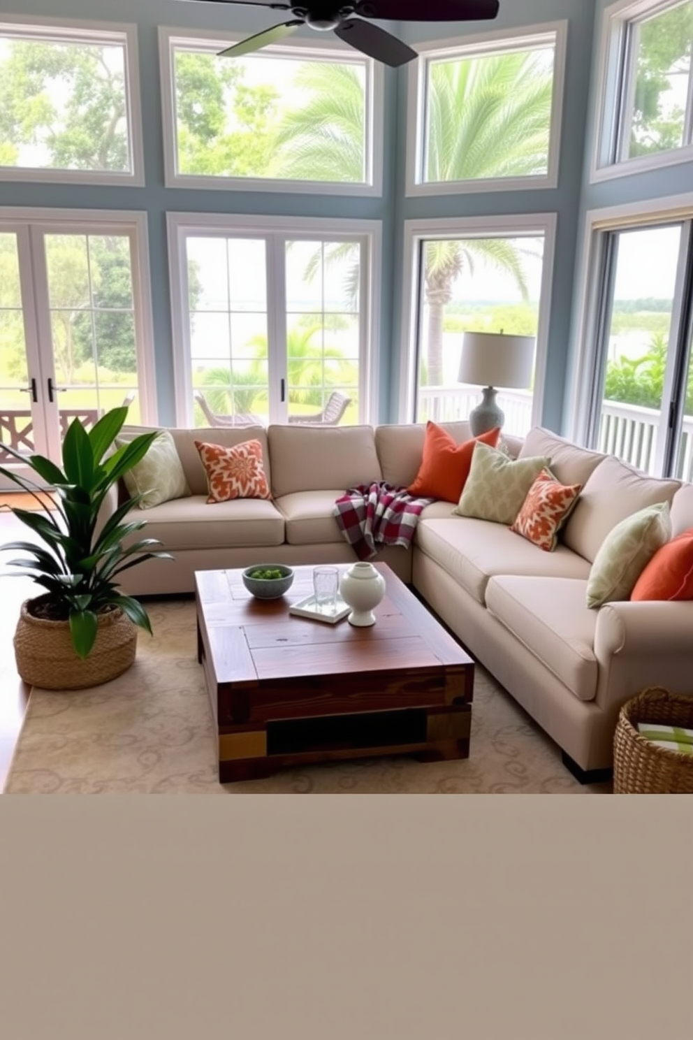 A spacious Florida living room filled with natural light from large windows that showcase lush outdoor views. The room features a comfortable sectional sofa in a light fabric, accented by vibrant throw pillows and a stylish coffee table made of reclaimed wood. The walls are painted in a soft coastal blue, enhancing the airy atmosphere. A large area rug with a subtle pattern anchors the seating area, while tropical plants in woven baskets add a touch of greenery.