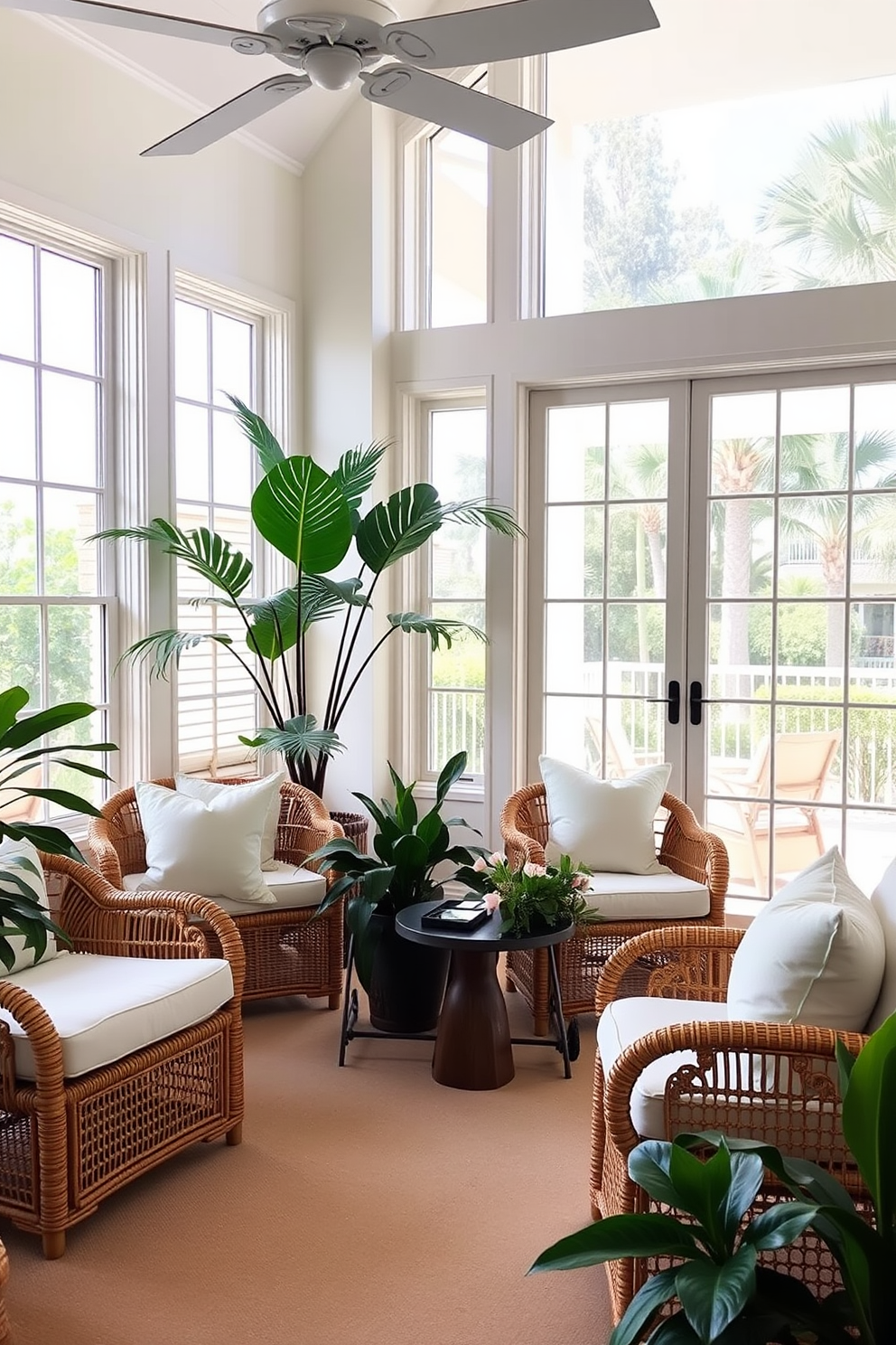 A bright and airy Florida living room features rattan chairs adorned with soft, plush cushions in pastel hues. Large windows allow natural light to flood the space, complemented by tropical plants that add a vibrant touch.