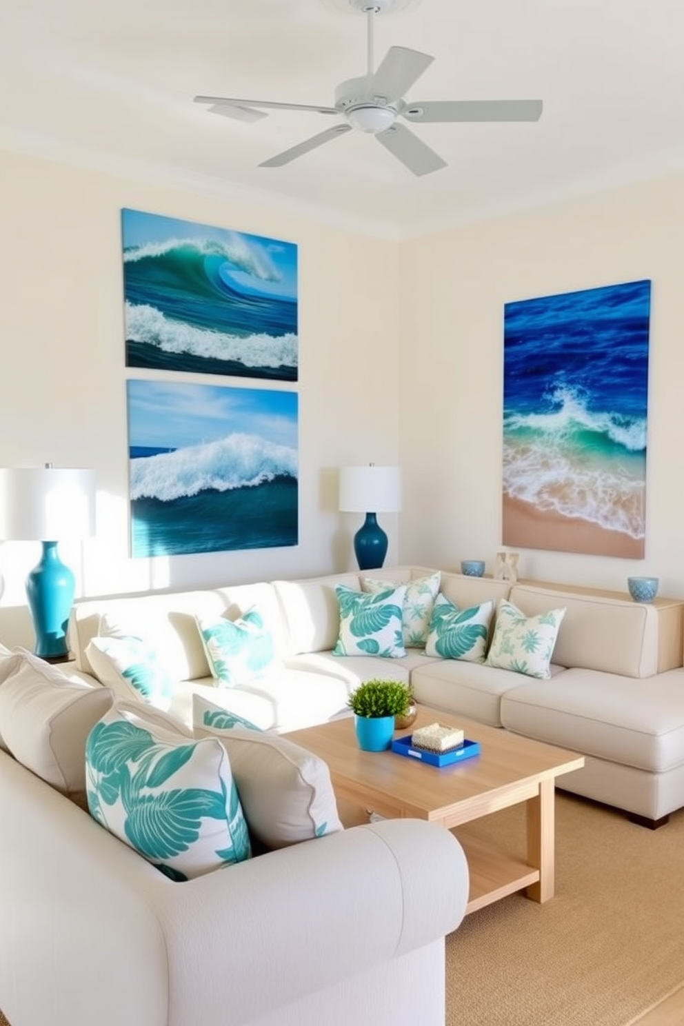 A bright and airy Florida living room features beach-themed artwork that captures the essence of coastal living. The walls are adorned with large canvases depicting ocean waves and sandy shores, creating vibrant focal points throughout the space. The furniture is arranged to promote relaxation, with a plush sectional sofa in soft blues and whites. Accent pillows with tropical prints complement the artwork, while a light wood coffee table adds warmth to the room.