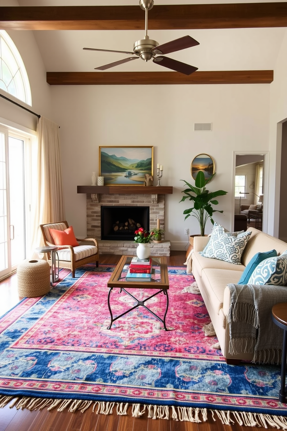 A cozy Florida living room featuring layered rugs that add warmth and comfort. The space is filled with natural light, showcasing a mix of textures and vibrant colors that reflect the sunny ambiance of the state.