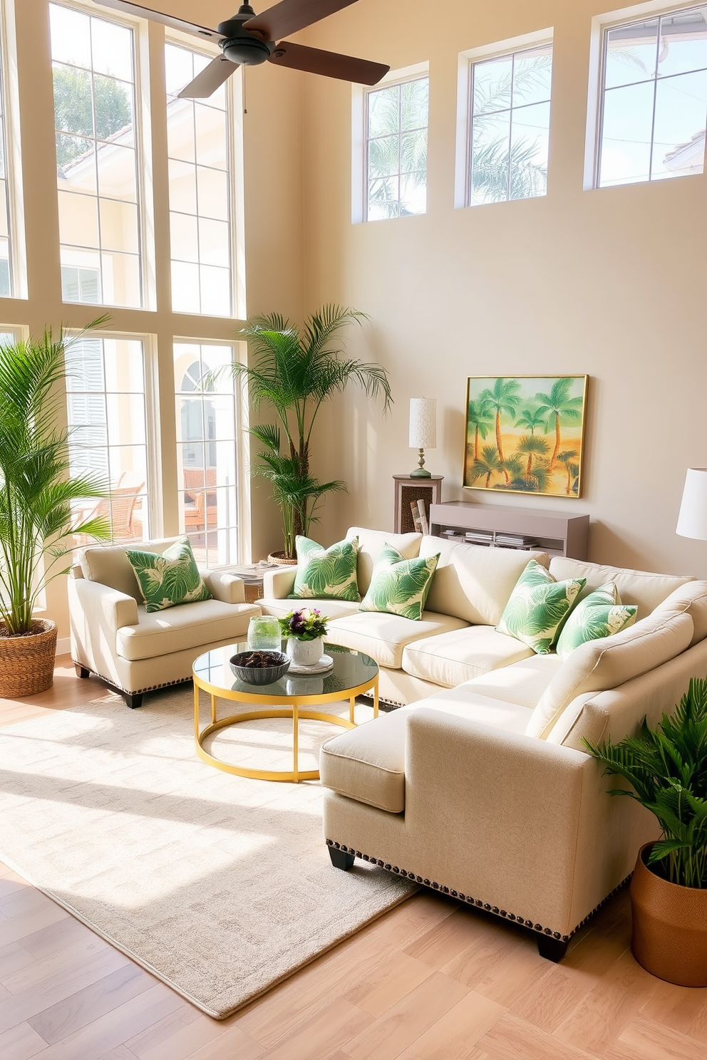 A vibrant Florida living room features a spacious layout with large windows allowing natural light to flood in. The focal point is a plush sofa adorned with accent pillows showcasing tropical palm leaf patterns in shades of green and gold. The walls are painted in a soft sandy beige, complementing the light hardwood flooring. A large area rug with a subtle geometric design anchors the seating area, while potted palm trees add a touch of lush greenery to the space.