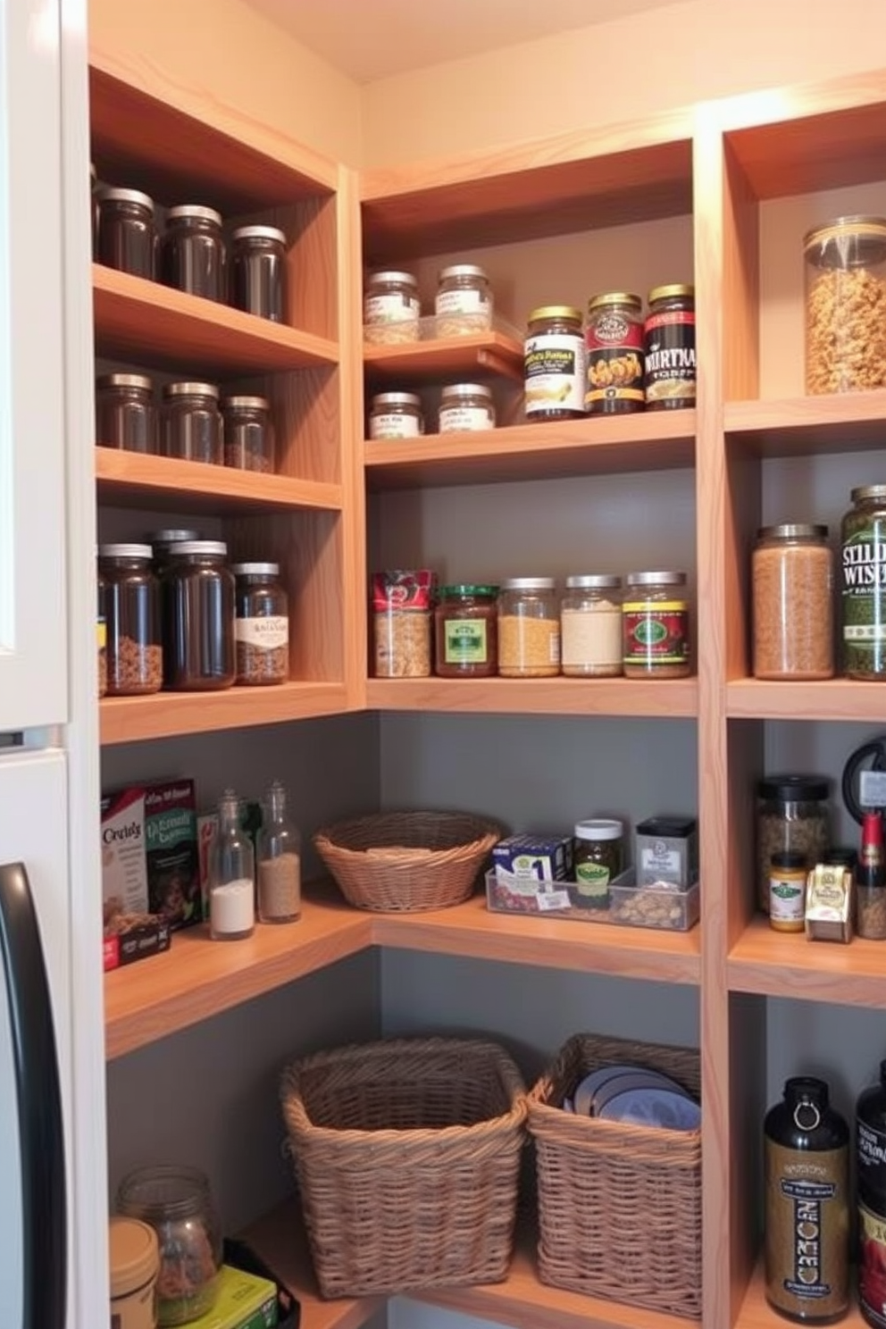 Open shelving creates a functional and visually appealing food pantry. The shelves are made of natural wood and are arranged in a staggered pattern to accommodate various jar sizes and canned goods. The pantry features a warm color palette with soft lighting that highlights the organized contents. Decorative baskets are used to store smaller items, adding texture and charm to the space.