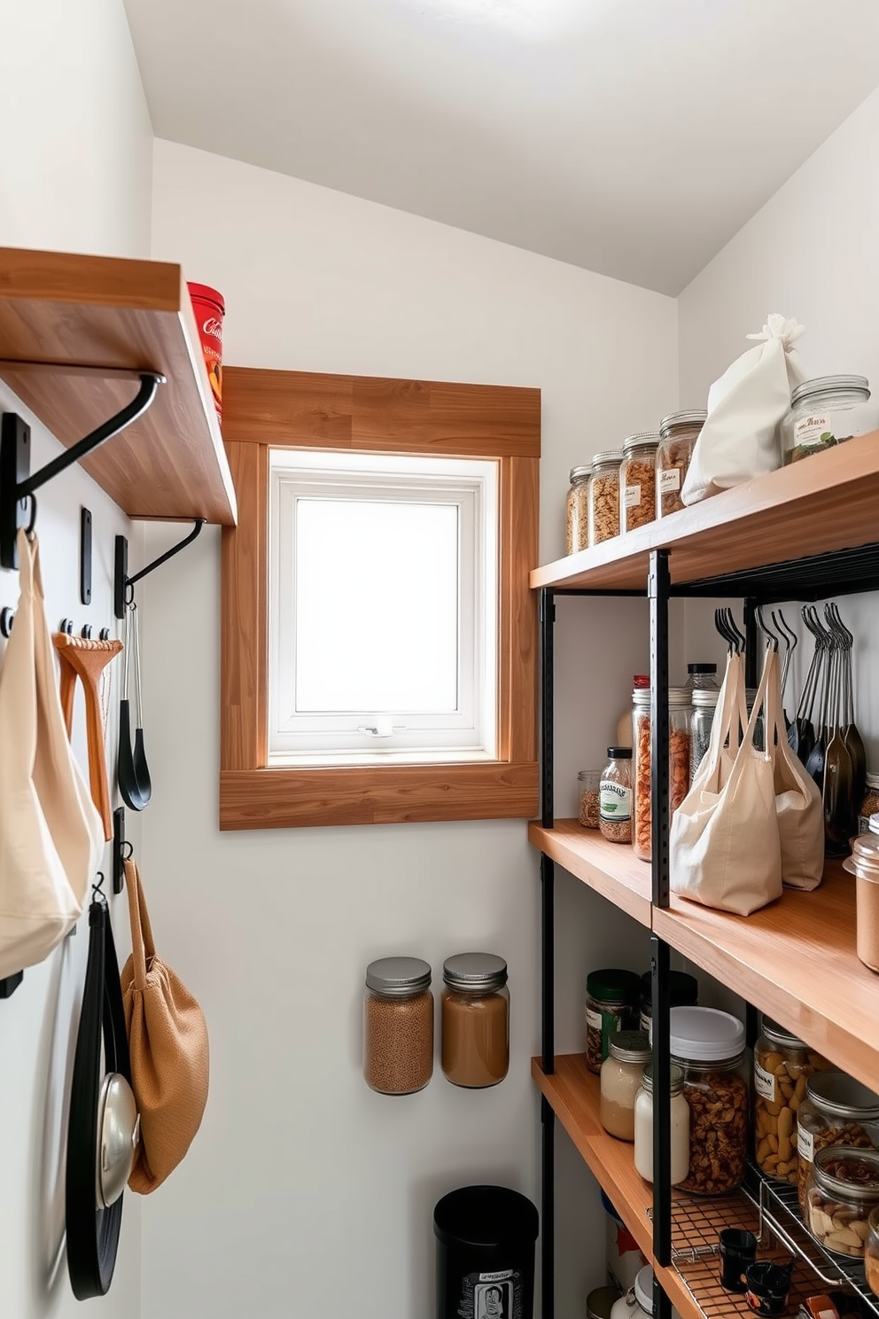 A modern food pantry design featuring open shelves that utilize vertical space effectively. Hooks are installed on the walls to hang utensils and bags, creating an organized and functional area. The pantry includes a combination of wooden and metal shelving for a stylish contrast. Natural light floods the space through a small window, highlighting the neatly arranged jars and containers.