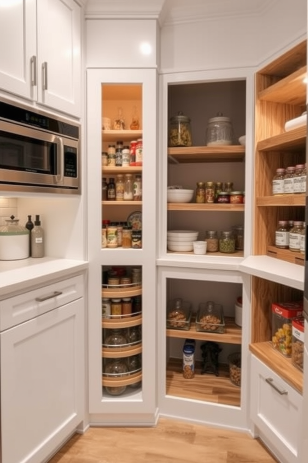 A stylish kitchen corner featuring a Lazy Susan for efficient storage. The cabinetry is painted in a soft white, and the Lazy Susan is filled with neatly organized spices and condiments. An inviting food pantry design with open shelving for easy access to ingredients. The shelves are made of reclaimed wood, and the pantry is illuminated with warm, ambient lighting.