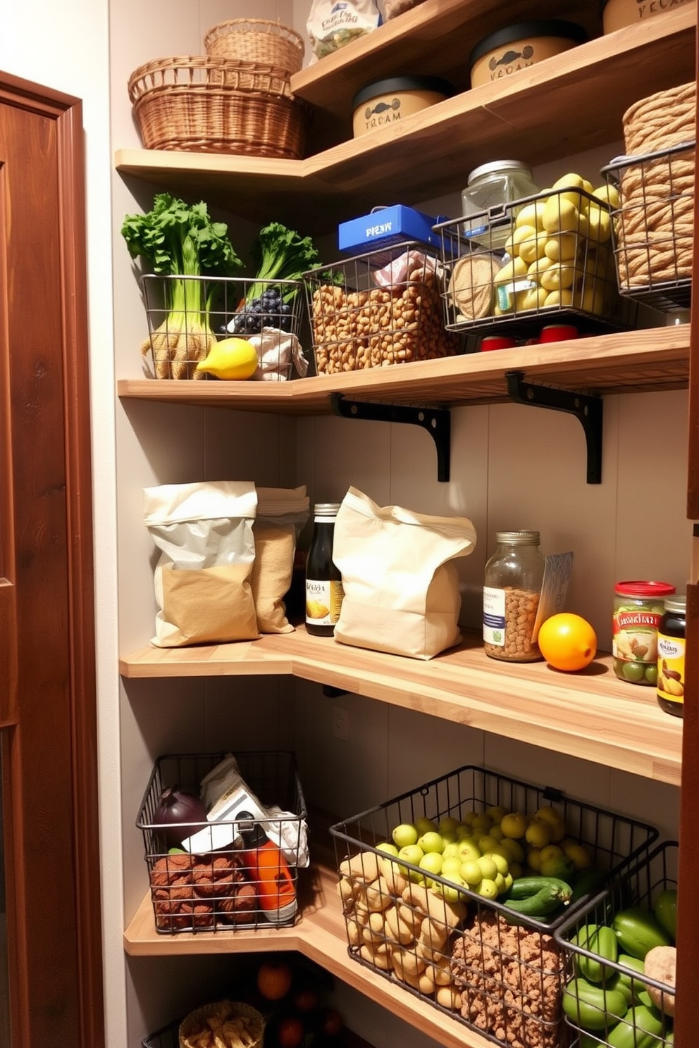 A charming food pantry design featuring wire baskets for a rustic touch. The shelves are made of reclaimed wood, and the wire baskets are filled with fresh produce and dry goods, adding warmth and texture to the space.