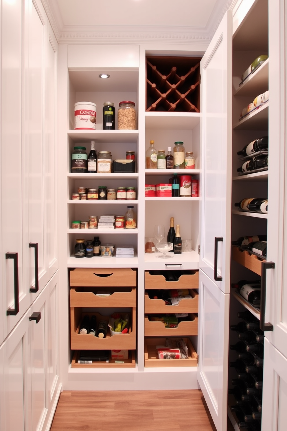 Custom cabinetry for a seamless look. The pantry features floor-to-ceiling cabinets in a soft white finish, creating a cohesive and elegant appearance. Inside, adjustable shelves provide ample storage for various food items, while pull-out drawers ensure easy access to smaller goods. A built-in wine rack adds a touch of sophistication, complementing the overall design.