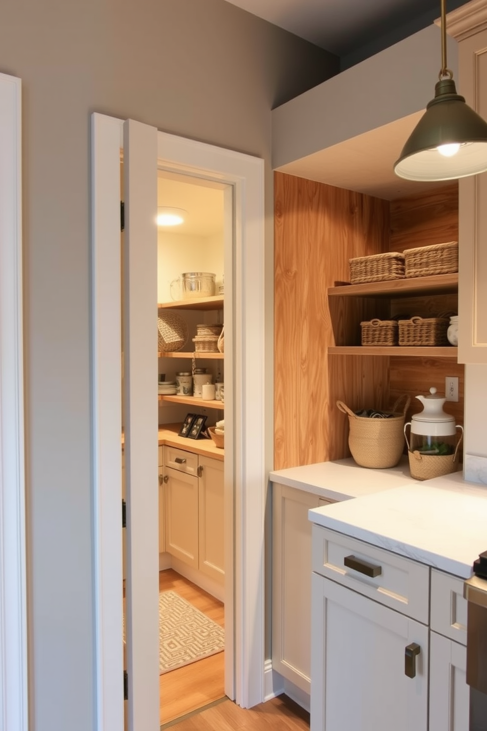 A hidden pantry seamlessly integrated behind a door offers a clever storage solution for any kitchen. The design features custom shelving made of natural wood, providing ample space for dry goods and kitchen essentials. The walls are painted in a soft neutral tone to create a warm and inviting atmosphere. A stylish light fixture illuminates the space, while decorative baskets add a touch of charm and organization.