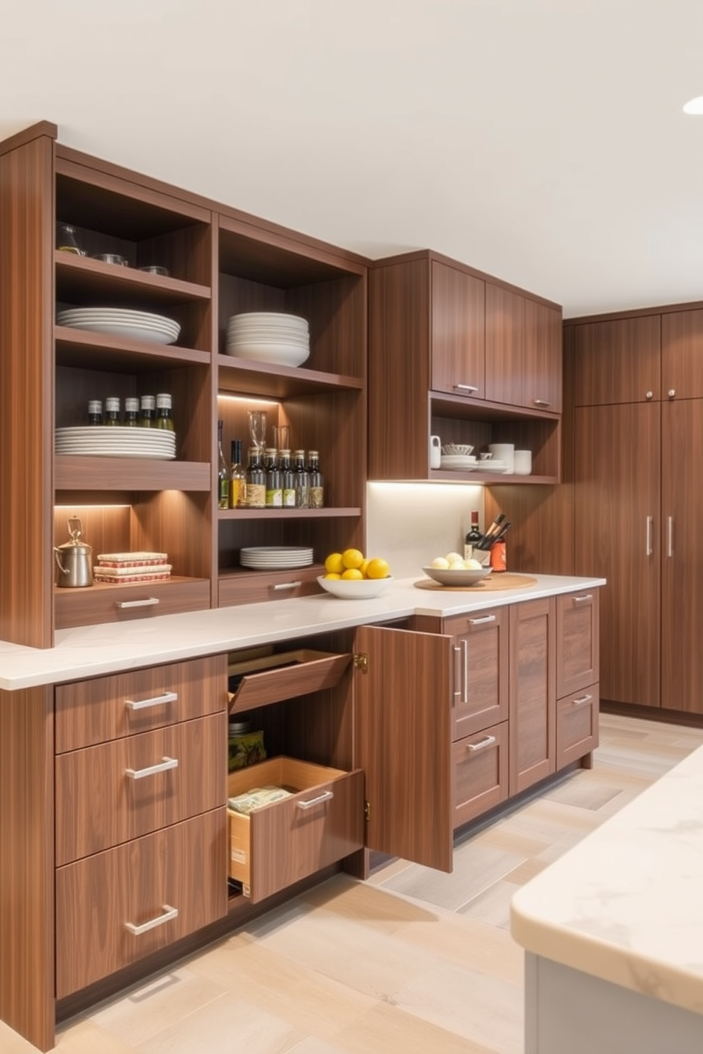 A multi-functional kitchen island features ample pantry storage with sleek cabinetry and open shelving. The island is topped with a durable quartz surface, providing space for meal prep and casual dining. Incorporated into the design are pull-out drawers and hidden compartments for organized storage of dry goods. The color palette includes warm wood tones and soft neutrals, creating an inviting atmosphere.