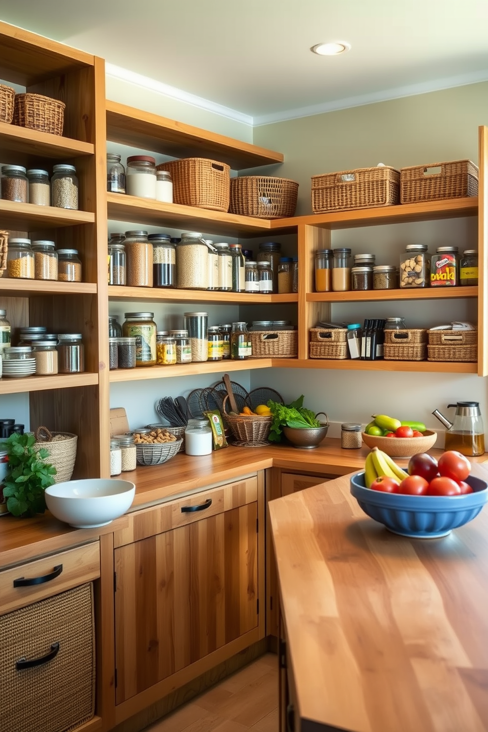 A cozy food pantry featuring natural wood shelving that adds warmth and texture to the space. The shelves are filled with neatly organized jars and baskets, showcasing a variety of grains, spices, and snacks. A large wooden countertop provides ample workspace for meal prep and displays fresh produce in decorative bowls. Soft, ambient lighting illuminates the pantry, creating an inviting atmosphere for culinary creativity.