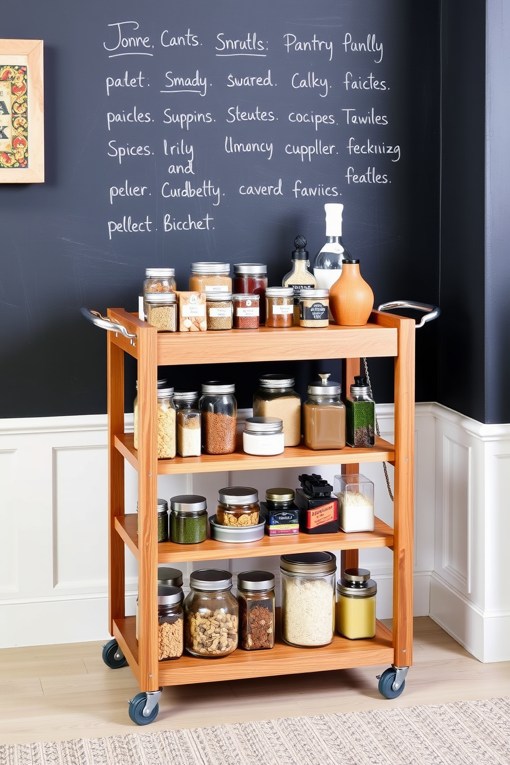 A stylish pantry cart designed for mobile storage features a sleek wooden frame with multiple shelves. It is adorned with elegant metal handles and wheels for easy movement, making it a practical addition to any kitchen. The cart is filled with neatly organized jars of spices, canned goods, and dry ingredients, showcasing a cohesive color palette. Above the cart, a chalkboard wall displays handwritten labels for easy identification and a touch of rustic charm.