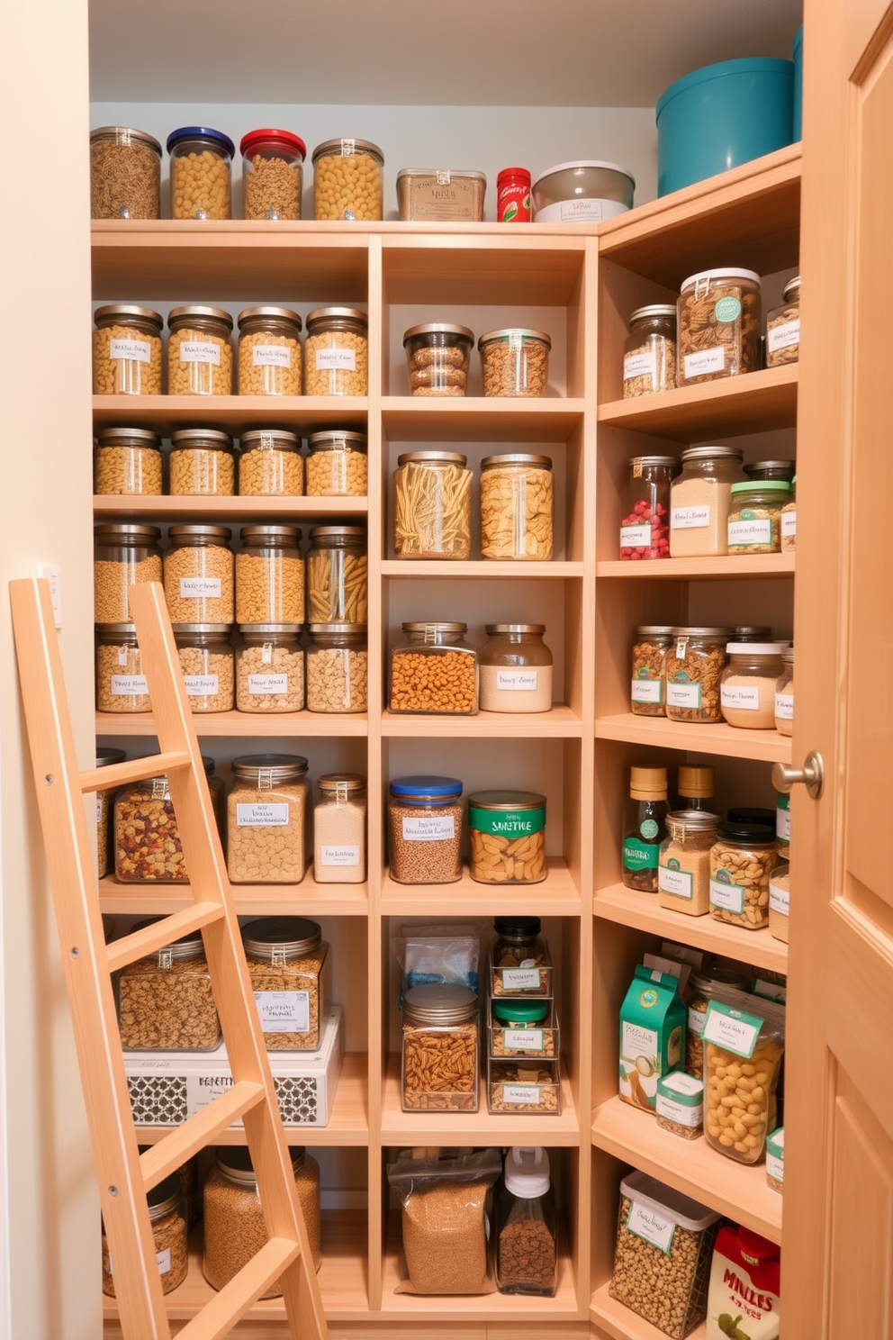 A beautifully organized food pantry with color-coordinated food items displayed on shelves. The shelves are made of light wood and feature clear glass jars filled with pasta, grains, and snacks, creating a visually appealing arrangement. The walls are painted in a soft cream color, enhancing the warmth of the wood. A small ladder is placed against one side for easy access to higher shelves, and decorative labels are used to identify each item clearly.