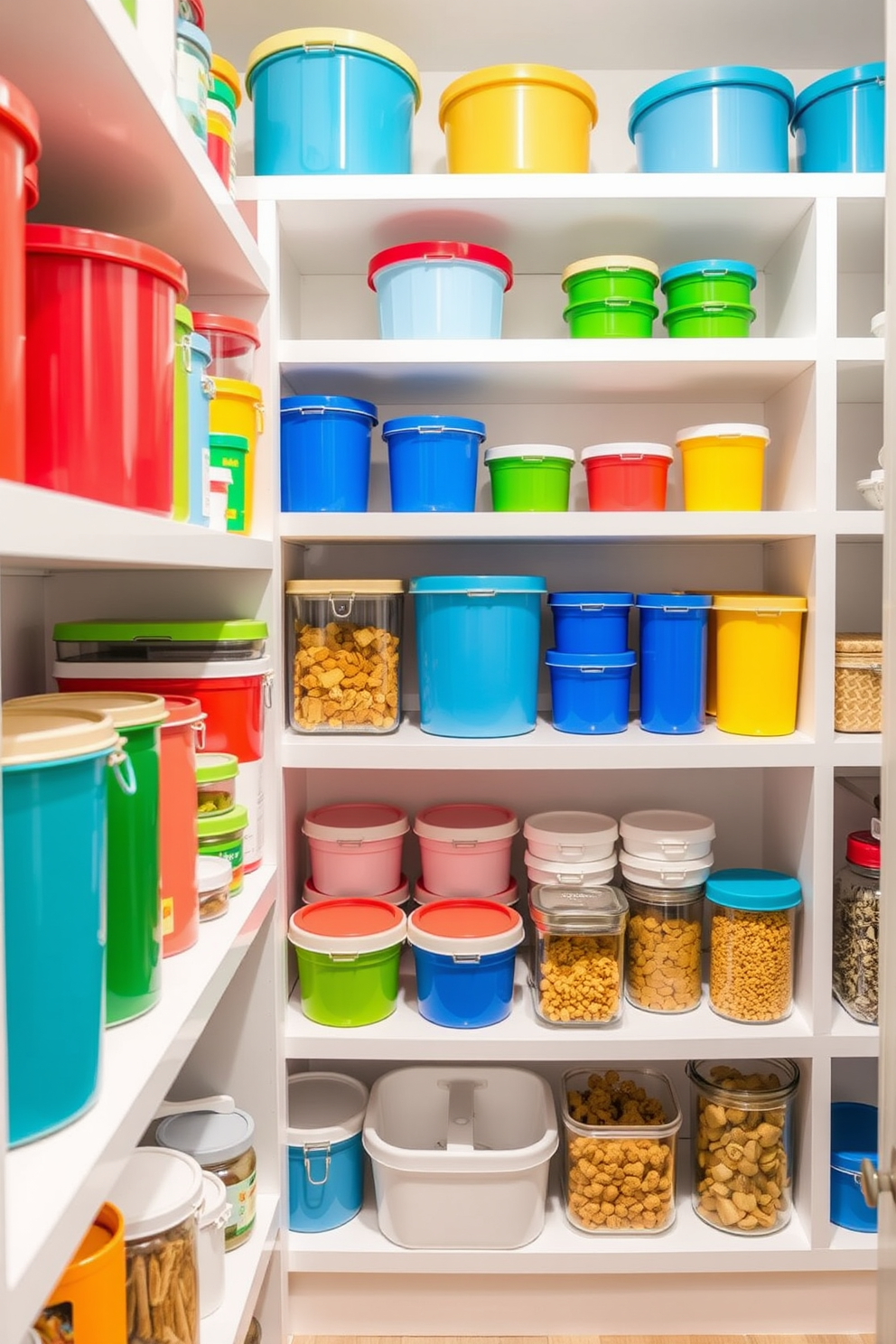 Colorful containers in various sizes are neatly arranged on open shelving in a bright and airy food pantry. The shelves are painted in a soft white, allowing the vibrant colors of the containers to pop, creating an inviting and organized space.