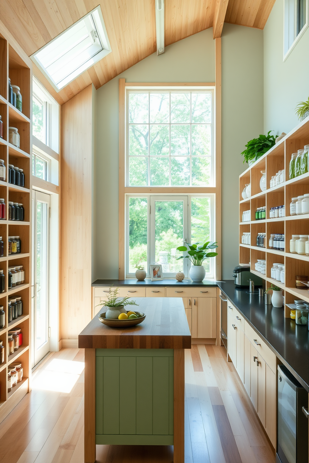 An open concept pantry with an airy feel features floor-to-ceiling shelves made of light wood, showcasing neatly organized jars and containers. Large windows allow natural light to flood the space, creating a bright and inviting atmosphere. The pantry includes a central island with a butcher block countertop, perfect for food preparation and additional storage. Soft green accents in the decor and plants add a touch of freshness to the overall design.