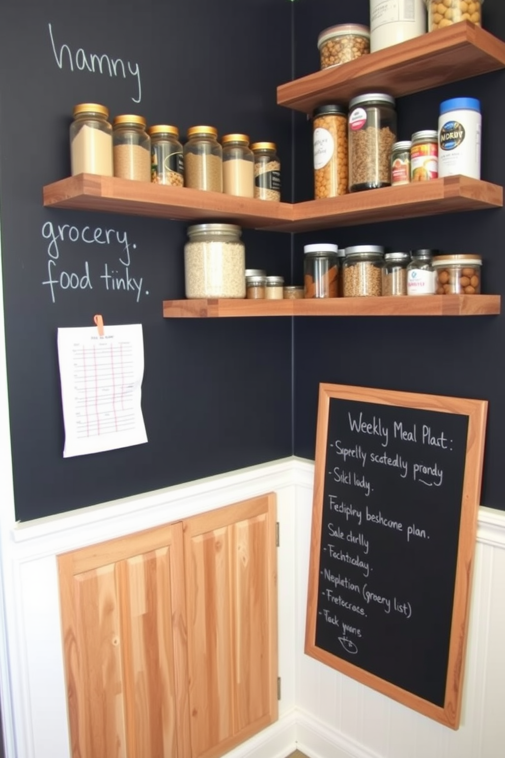 A functional food pantry with walls coated in chalkboard paint for easy note-taking and meal planning. Shelves made of reclaimed wood hold jars of grains, spices, and snacks, while a small chalkboard section displays a weekly meal plan and grocery list.